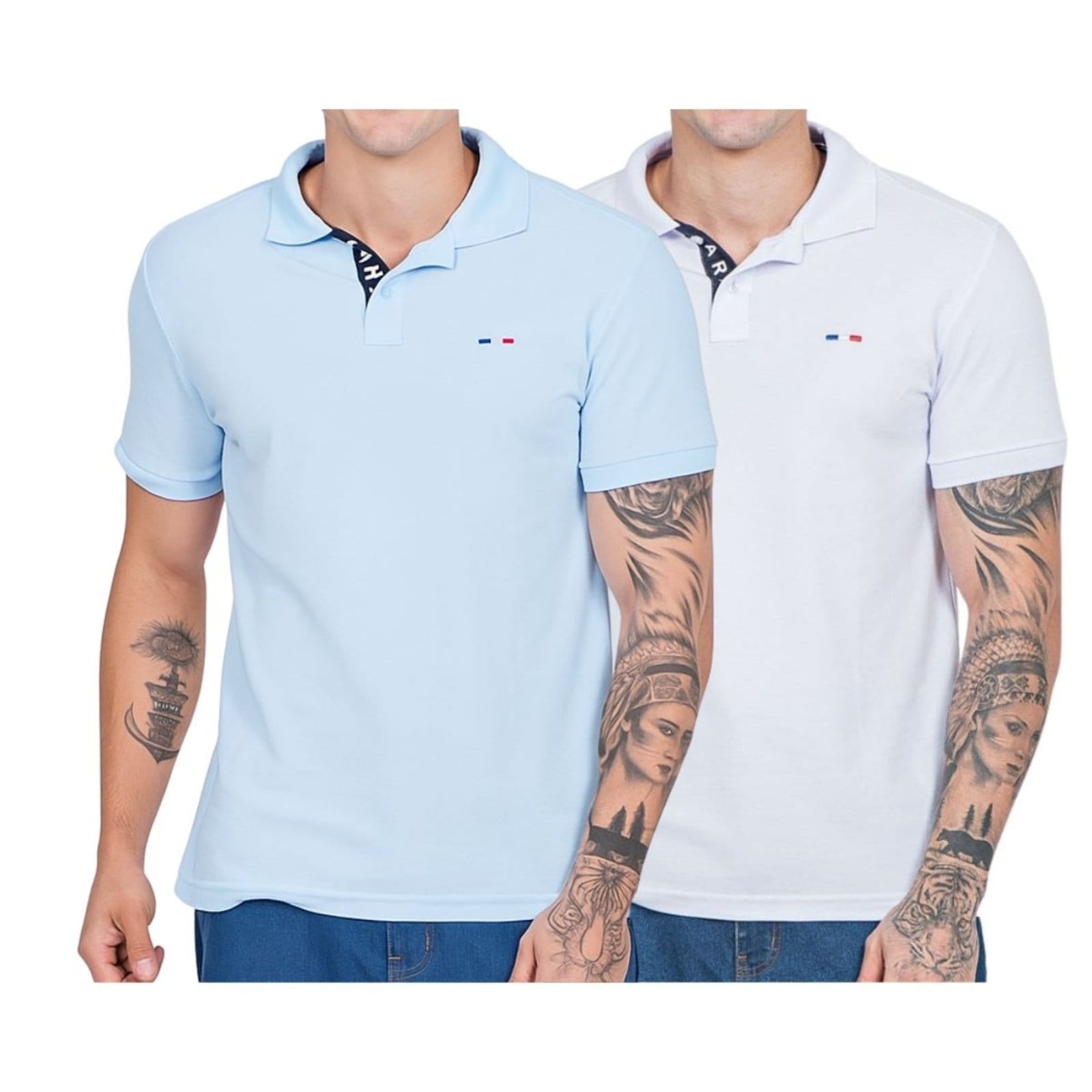Kit 2 Polos Masculina Básicas FMF Azul e Branco Piquet no Estilo Tommy Bordado França