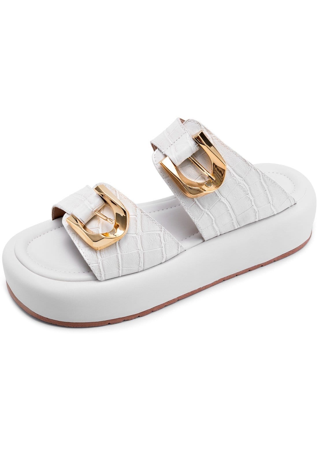 Vista principal Sandália Flatform Feminina Lumiss Croco Fivelas Dourada Confortável Off White LUMISS off-white white