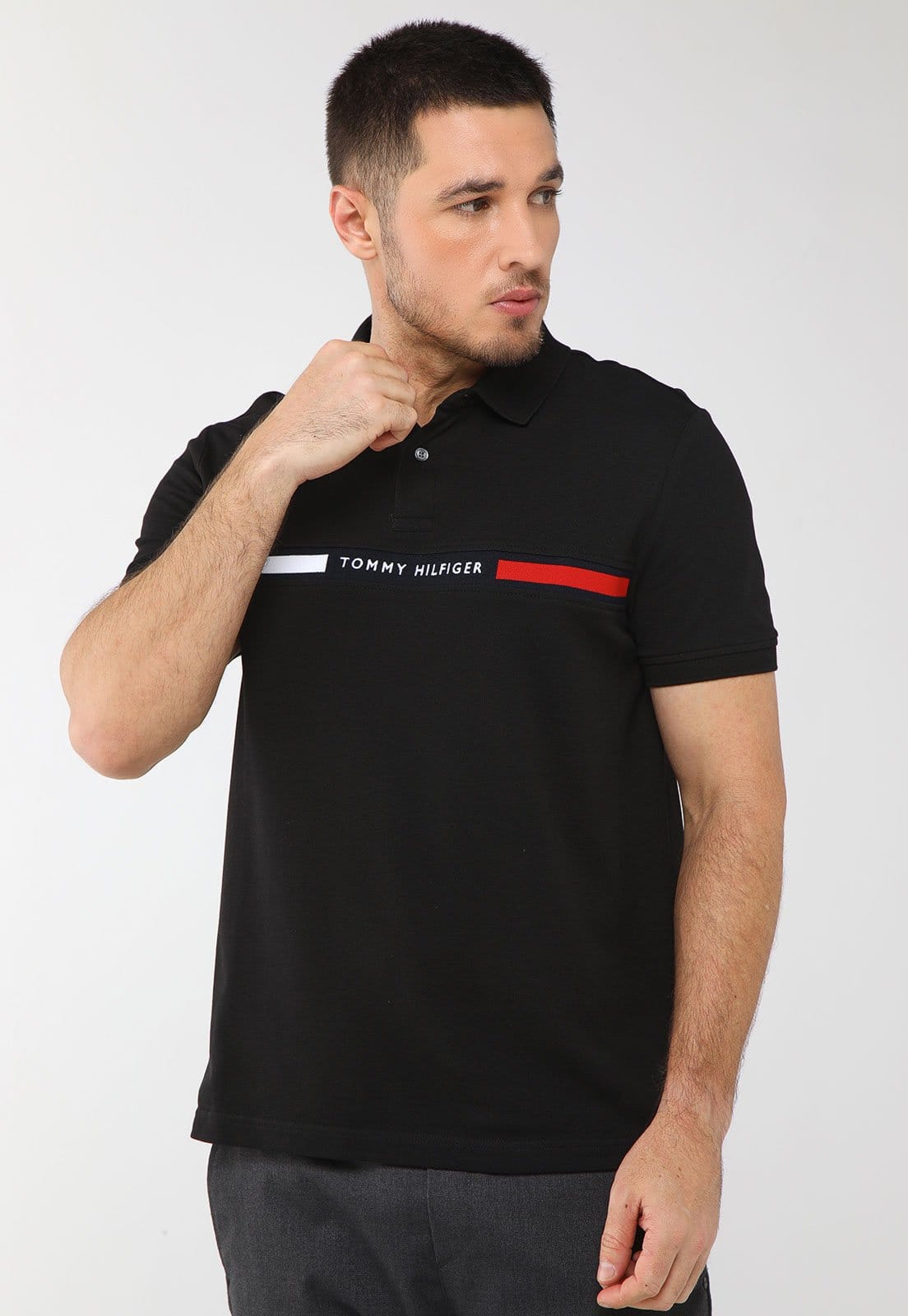 Vista principal Camisa Polo Masculina Tommy Hilfiger Hilfiger Chest I Preta Tommy Hilfiger preto