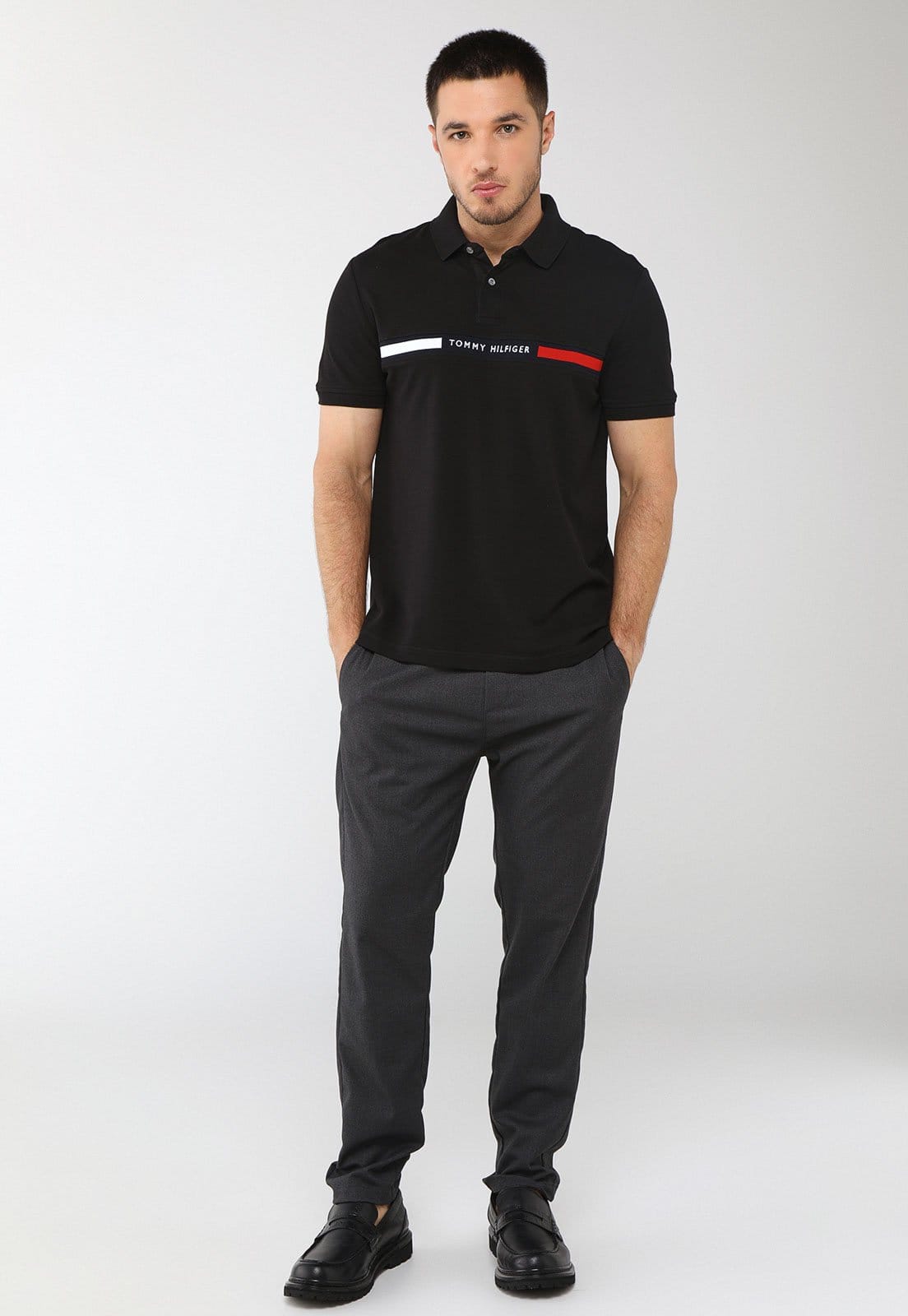 Vista 2 Camisa Polo Masculina Tommy Hilfiger Hilfiger Chest I Preta Tommy Hilfiger preto