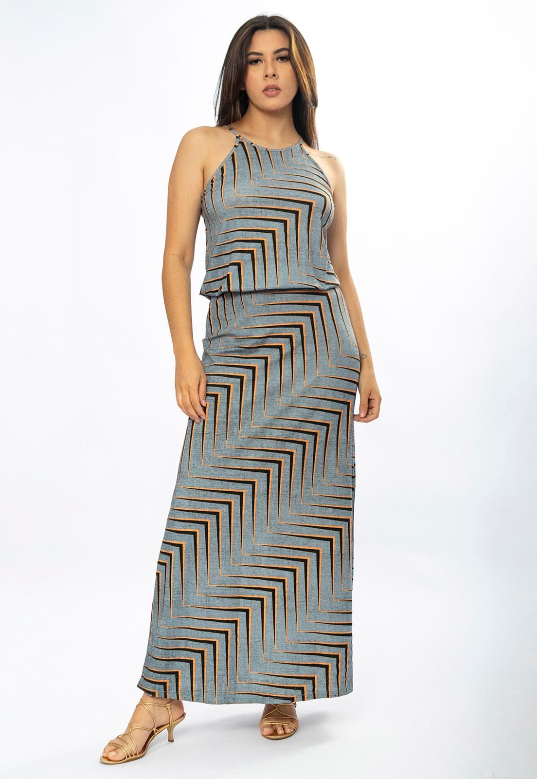 Vista 2 Vestido Longo Cabanafree Malha Trapézio com Elástico na Cintura Murici Cabanafree estampado/laranja/preto