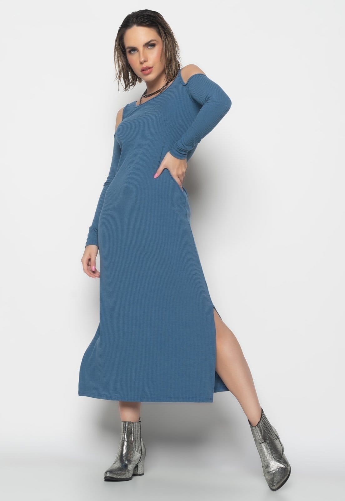 Vestido Midi Ombro Vazado Manga Longa Canelado Salvatore Fashion Jeans