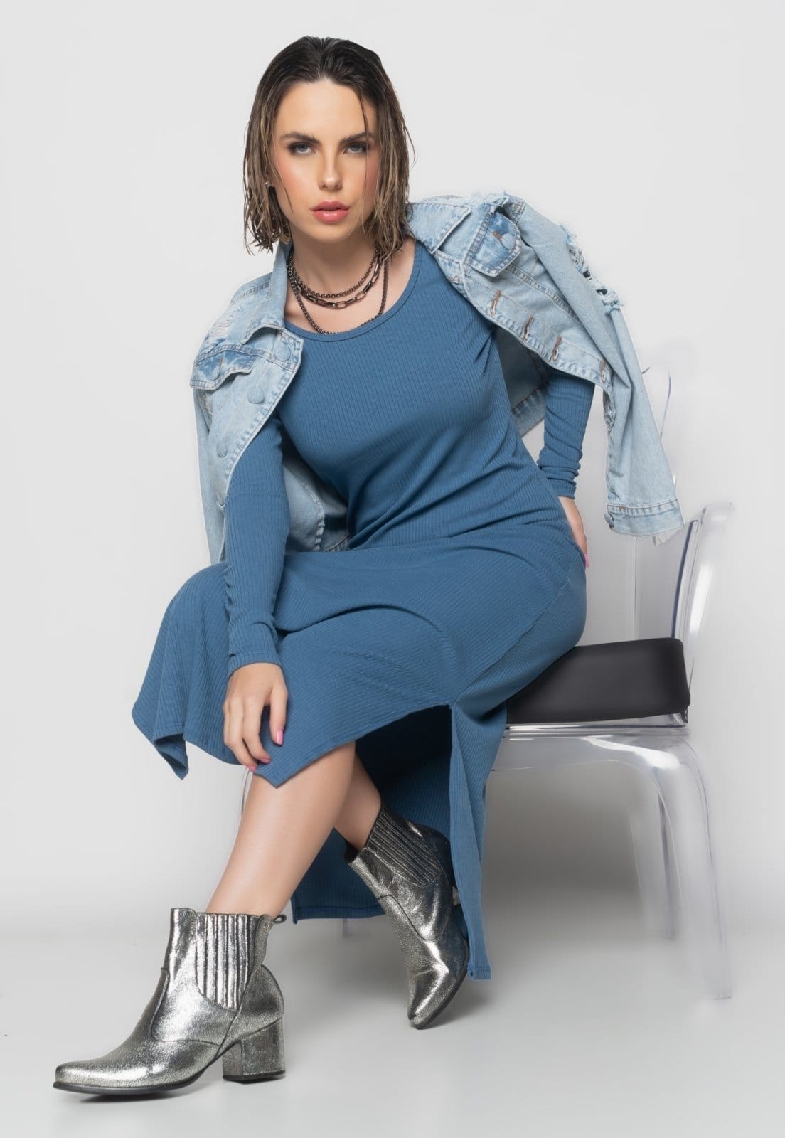 Vista 2 Vestido Midi Ombro Vazado Manga Longa Canelado Salvatore Fashion Jeans Salvatore Fashion azul