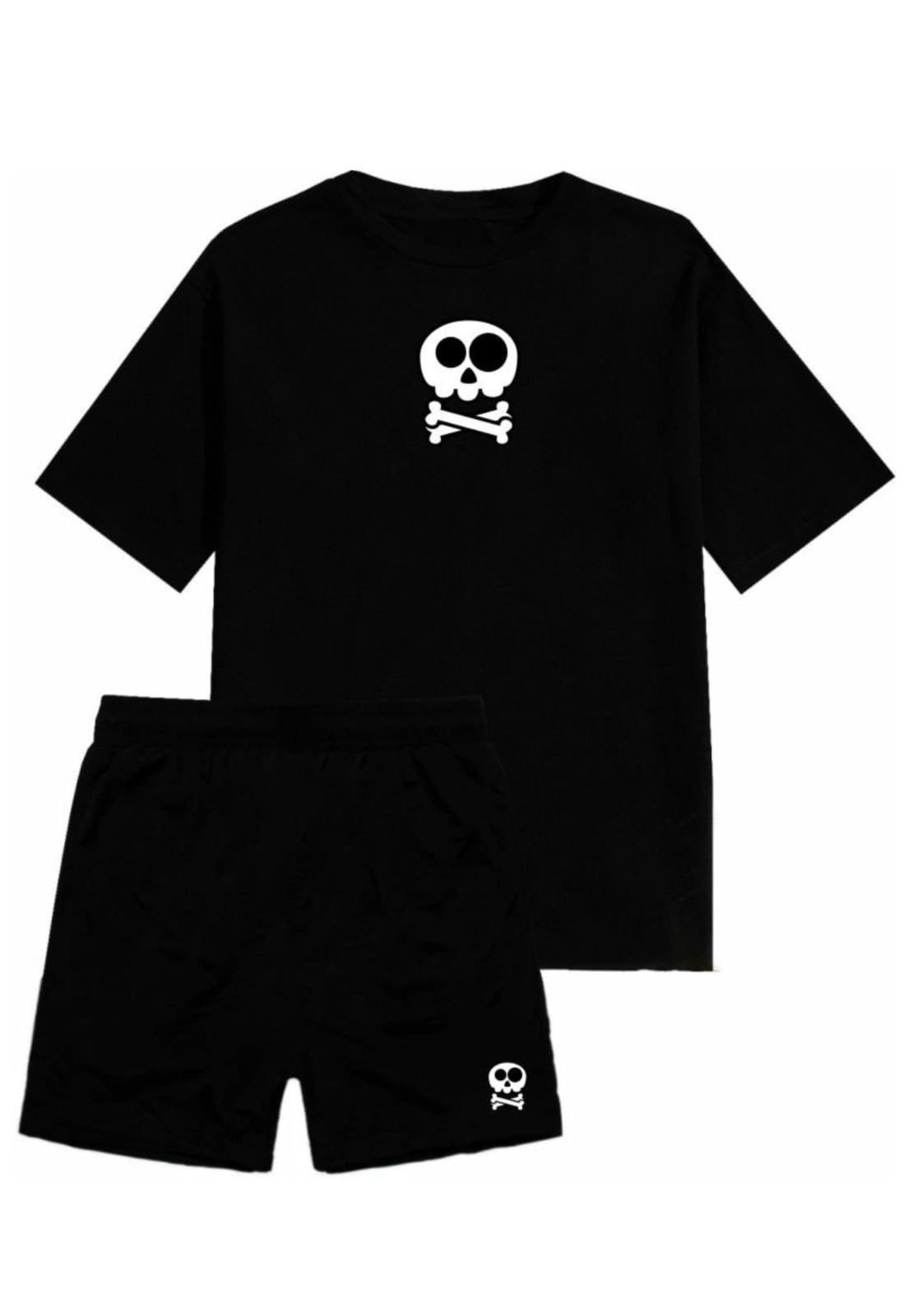 Conjunto Masculino Short Tactel Camiseta Algodão Relaxado Kit Verão Adulto Caveira