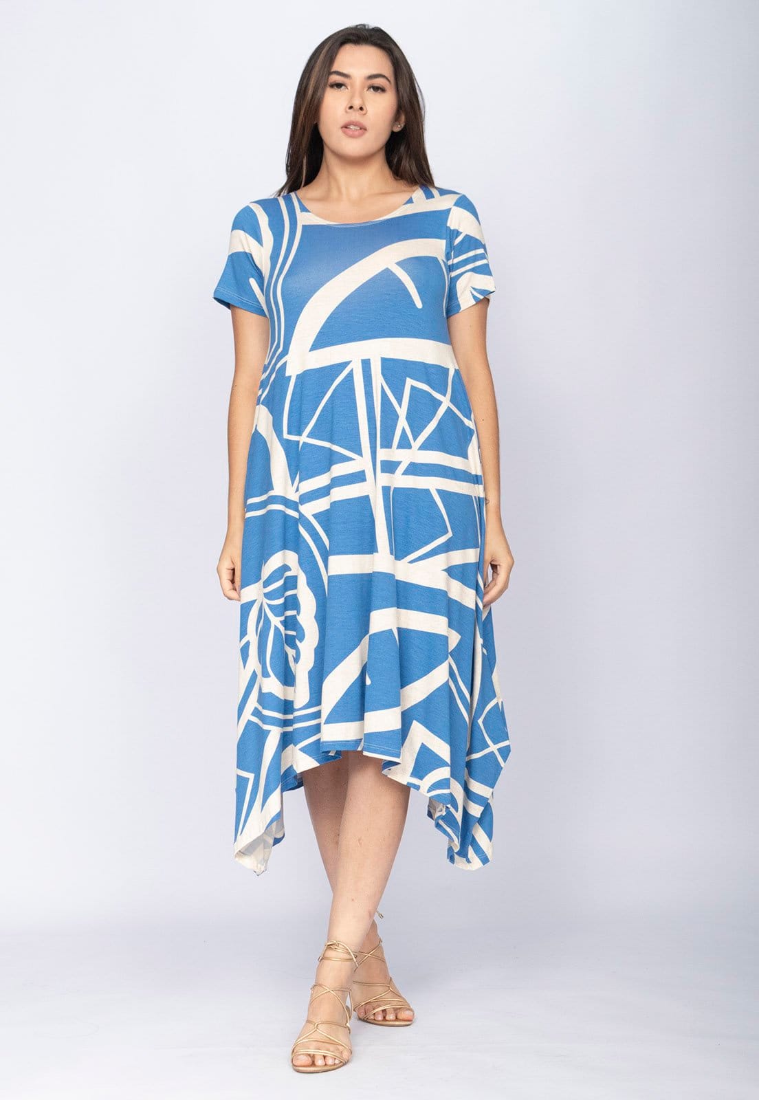 Vista principal Vestido CabanaFree Saruel Malha Manga Curta Estampa Lagoa Botânica Cabanafree azul/estampado