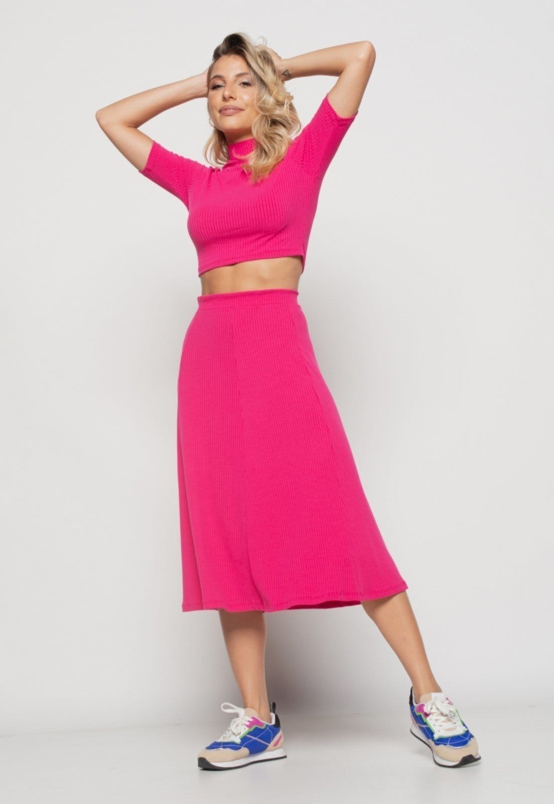 Vista 2 Saia Salvatore Midi Godê Canelada Pink Salvatore Fashion rosa pink