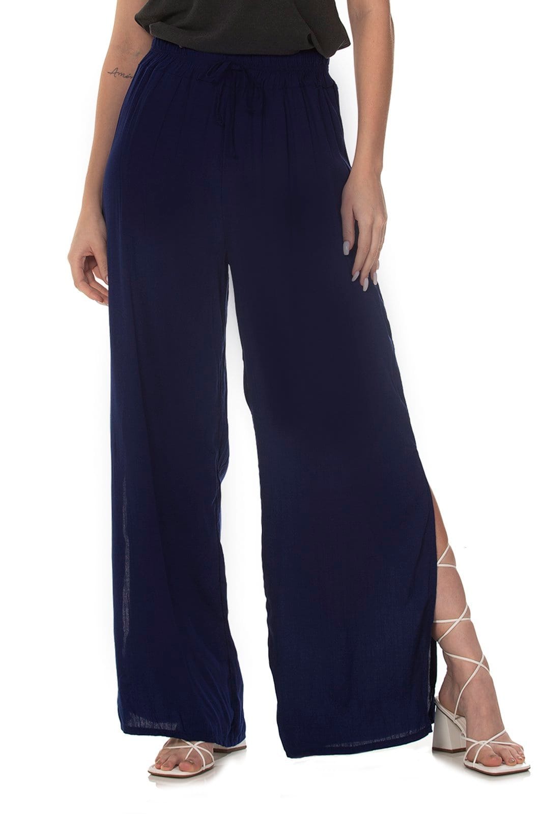 Calça Pantalona Viscose Fenda Zipituka Escuro