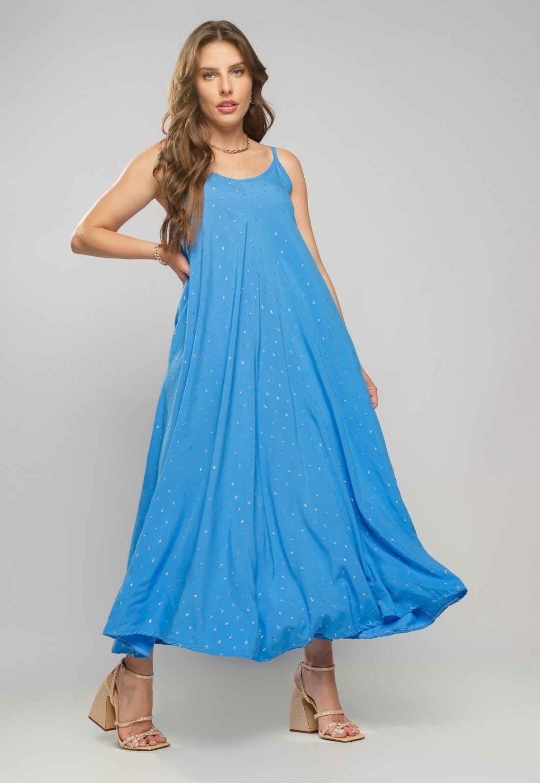 Vista 2 Vestido Midi Viscose Com Lurex Com Amarração Salvatore Fashion Salvatore Fashion azul