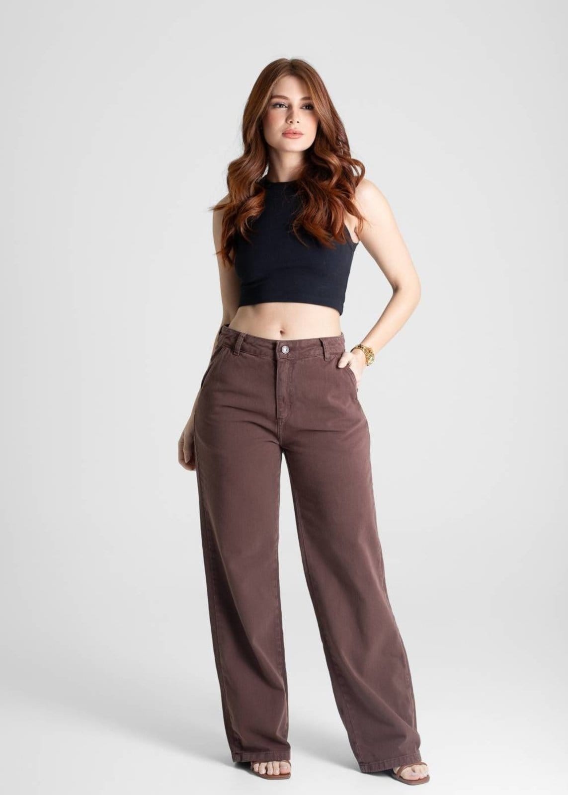 Vista 2 Calça Sarja Sawary Wide Leg - 281142 Sawary marrom