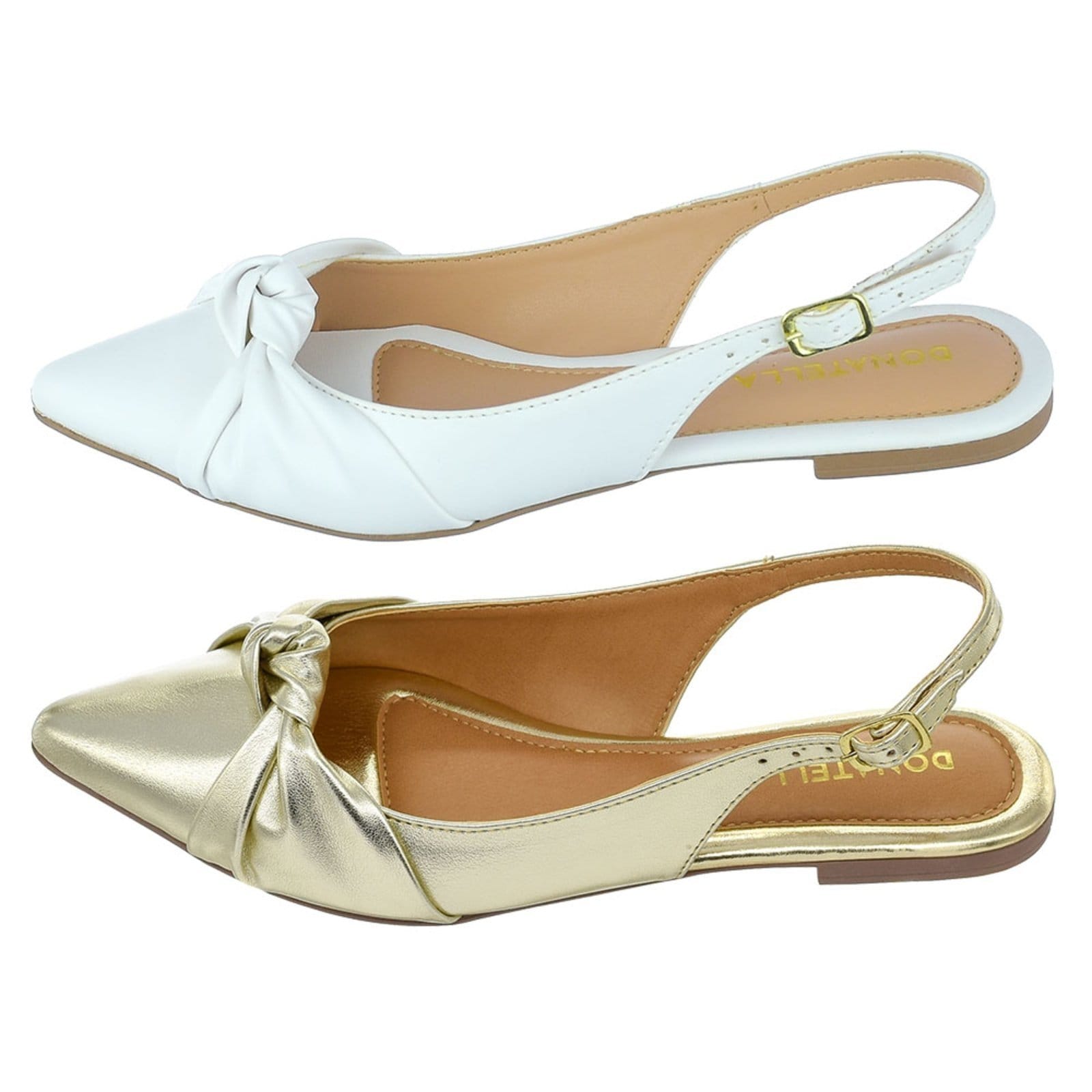 Kit 2 Pares Mule Feminino Sapatilha Bico Fino Donatella Shoes Rasteira Slingback Nó Ouro Light e