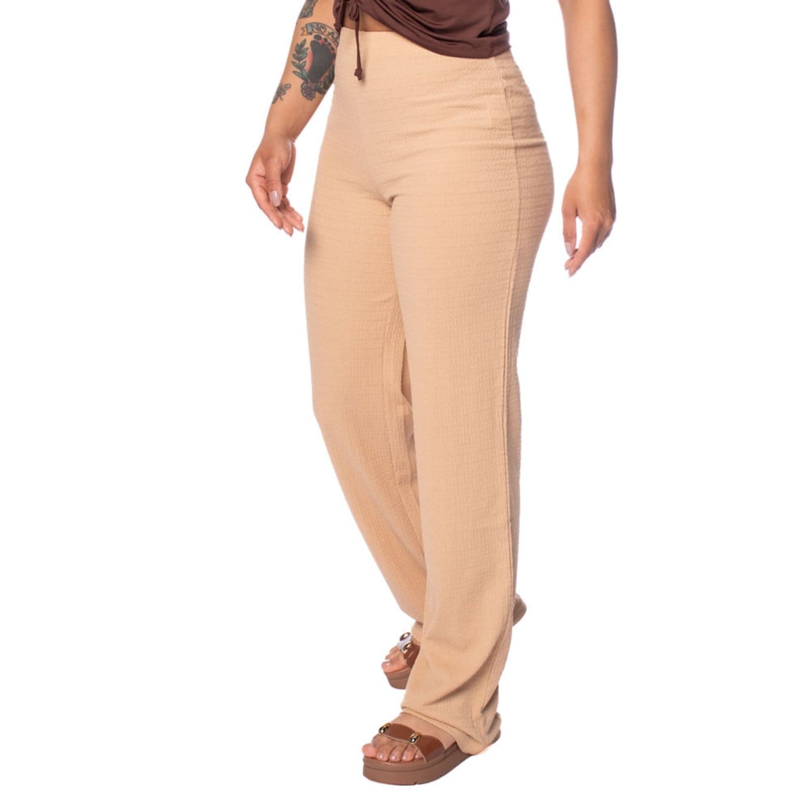 Vista principal Calça Feminina The Style Box Wide Leg Cintura Alta The Style Box bege