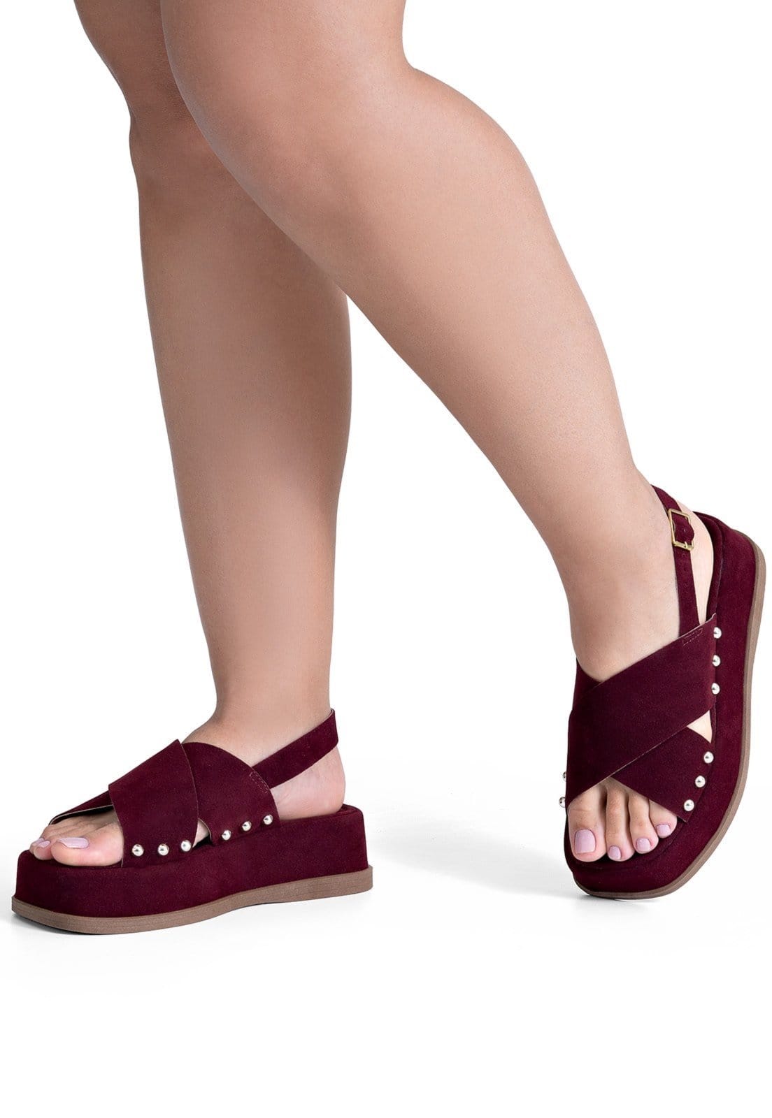 Vista 2 Sandália Feminina Lumiss Flatform Camurça Rebite Confortável Marsala LUMISS vinho