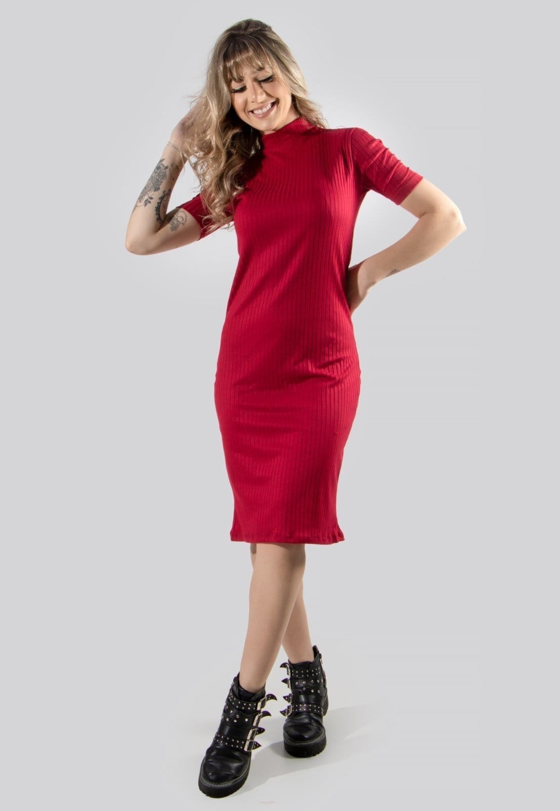 Vista 2 Kit 2 Vestido Midi Canelado Tubinho Feminino WLS Modas Gola Alta WLS Modas multicolorido