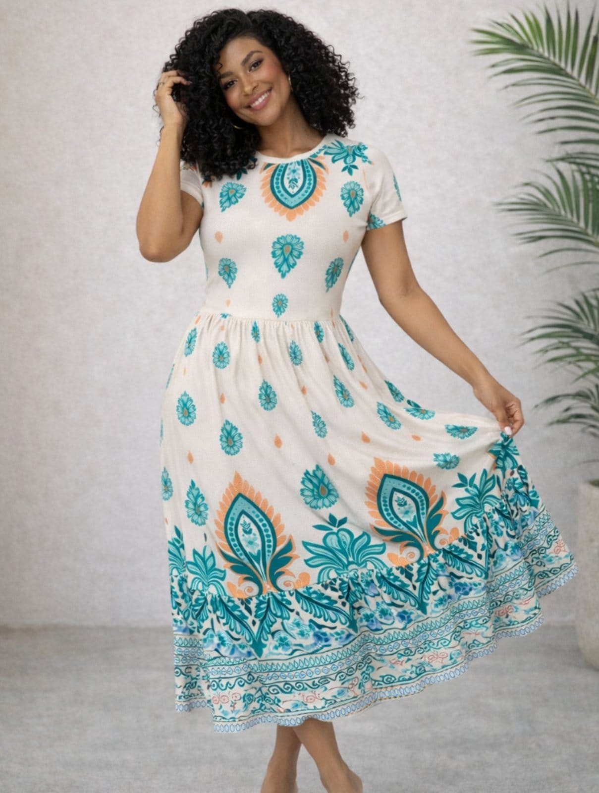 Vestido Estampado Manga Curta Moda Verão Casual Confortável Verde Água Elegante