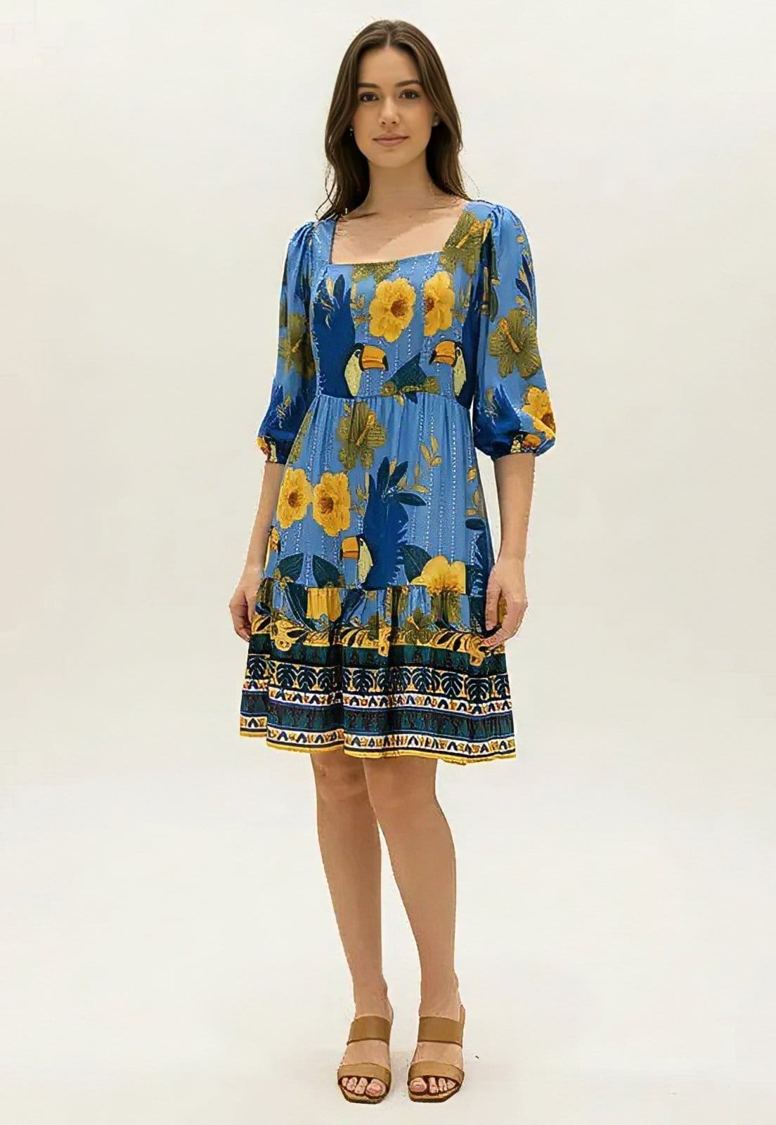 Vista 2 Vestido CabanaFree Curto Manga 3/4 Estampa Aves em Festa Cabanafree azul/estampado