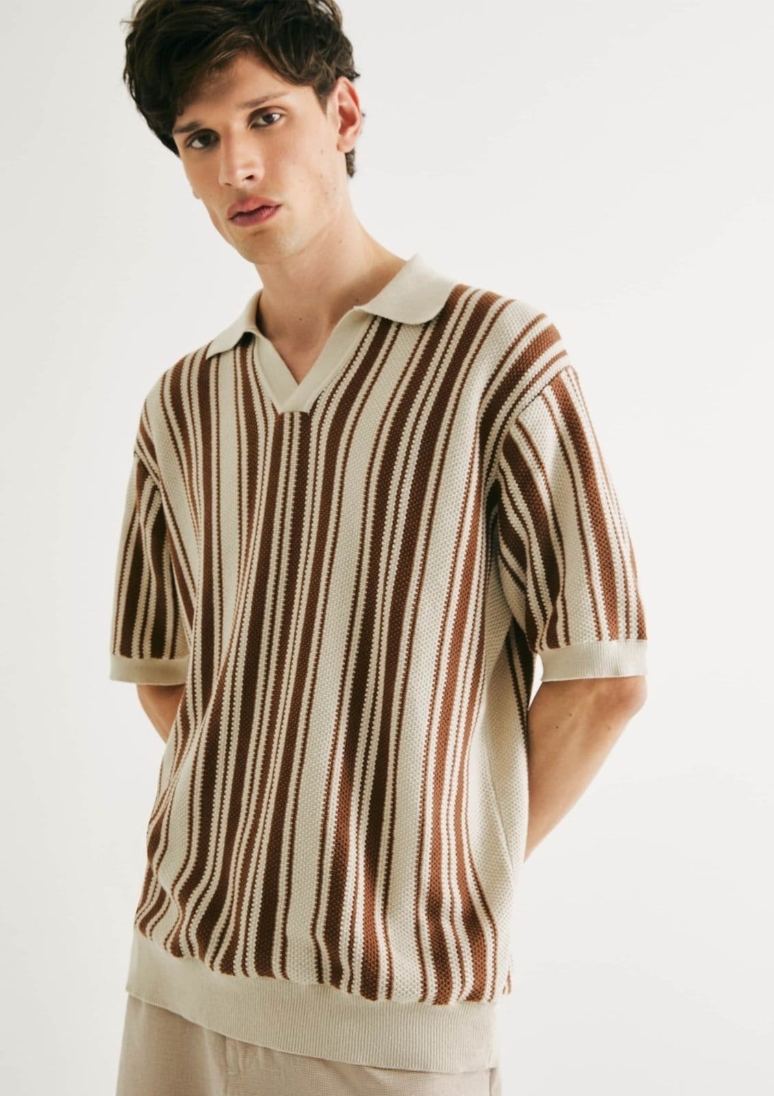 Vista principal Polo Masculina Tricô Fio Tinto Hering marrom