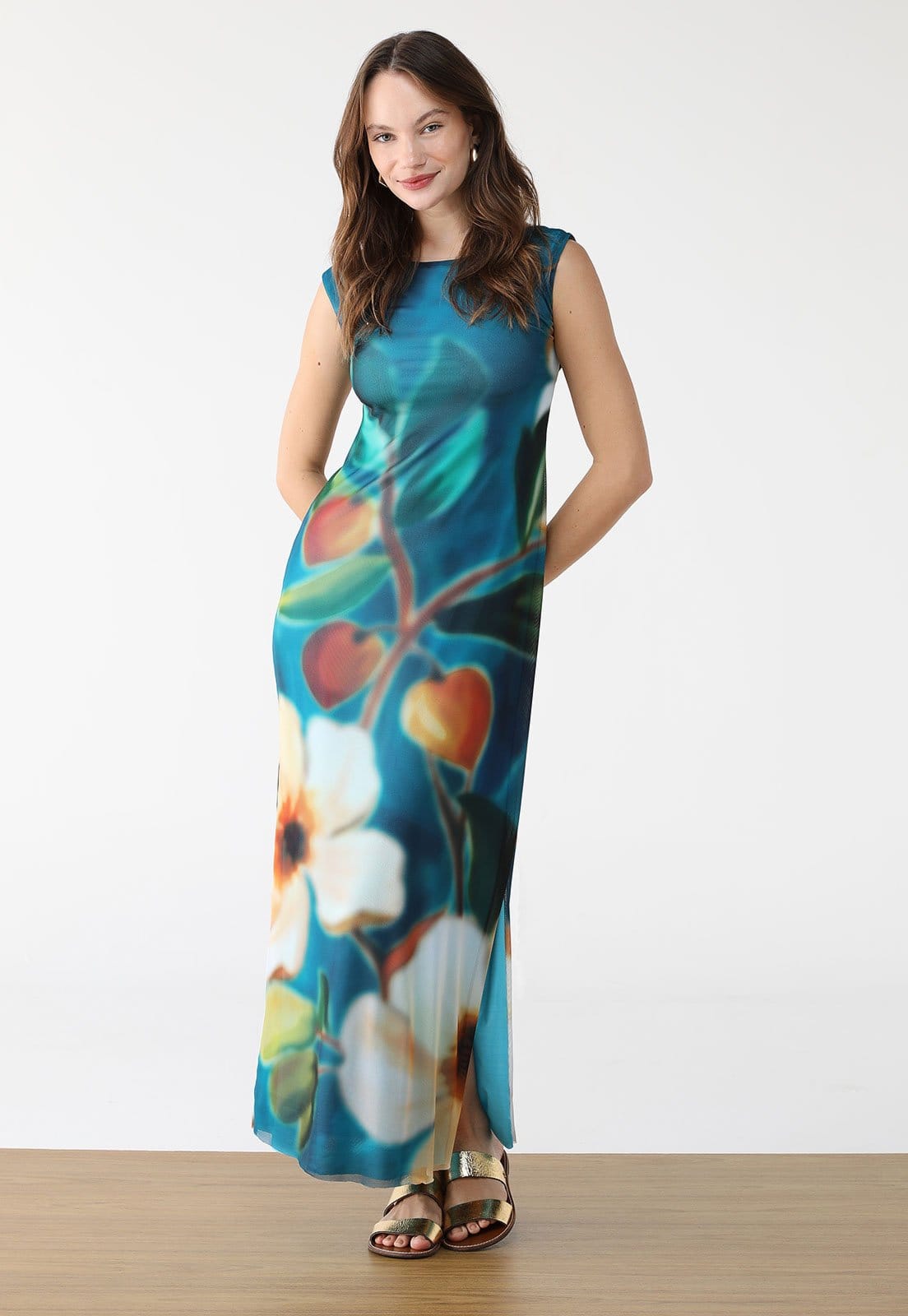 Vista principal Vestido Tule FARM Longo Jardim Litoral FARM azul