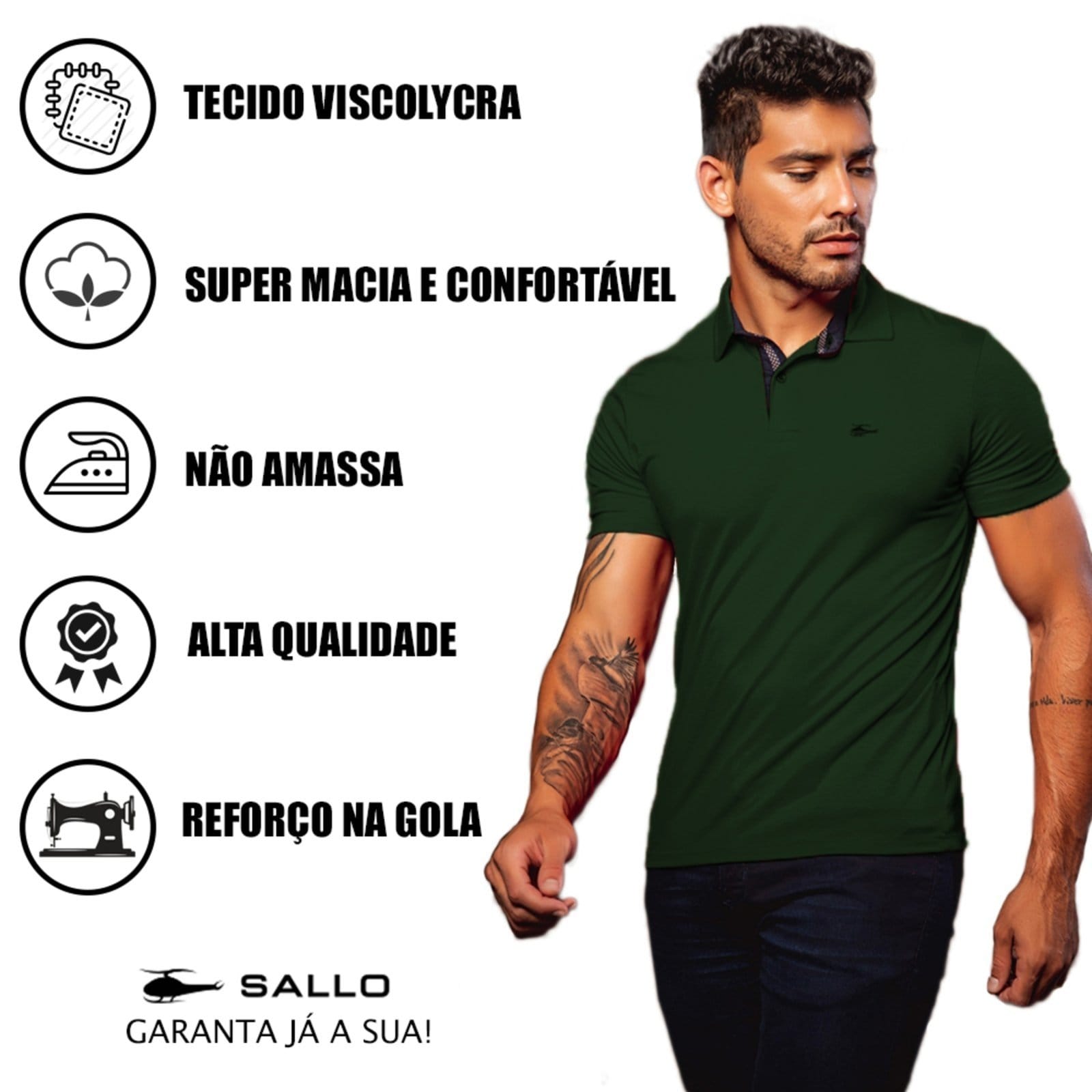 Vista 2 Camiseta Polo Masculina Básica Sallo Premium Escuro Sallo verde