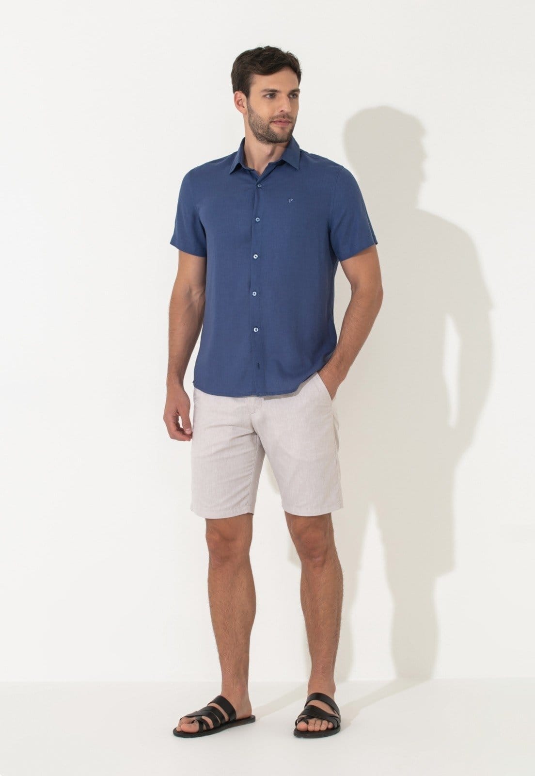 Vista 2 Camisa Linho Traymon Slim Manga Curta Indigo Traymon azul