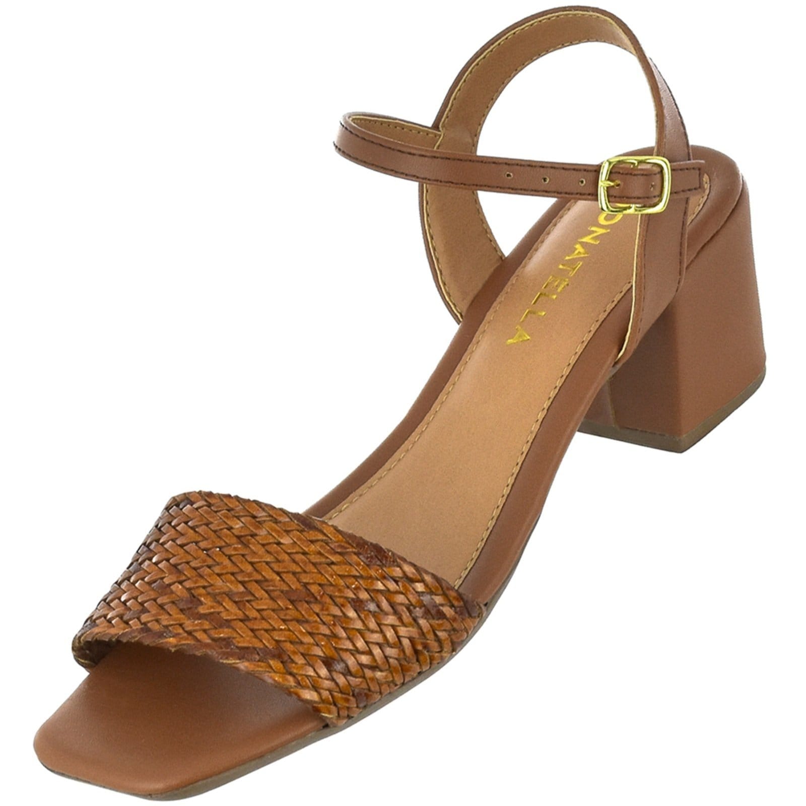 Vista 2 Sandália Feminina Tamanco Salto Alto Bloco Donatella Shoes tira trançado Monte Shoes caramelo