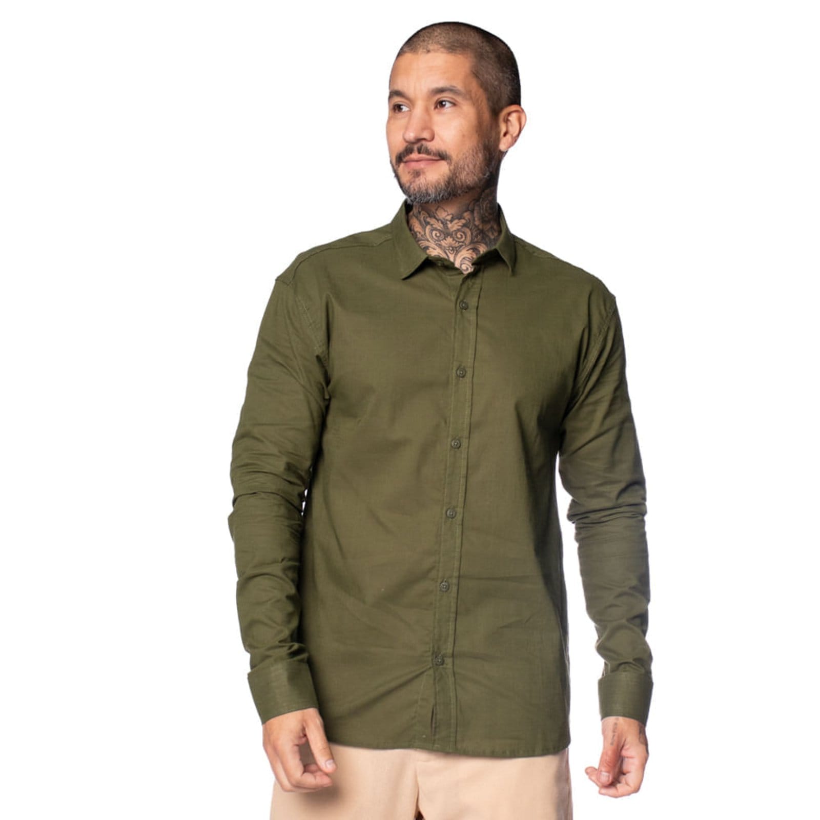 Vista principal Camisa Masculina Dixie Slim Fit Punho Chanfrado Musgo Dixie verde