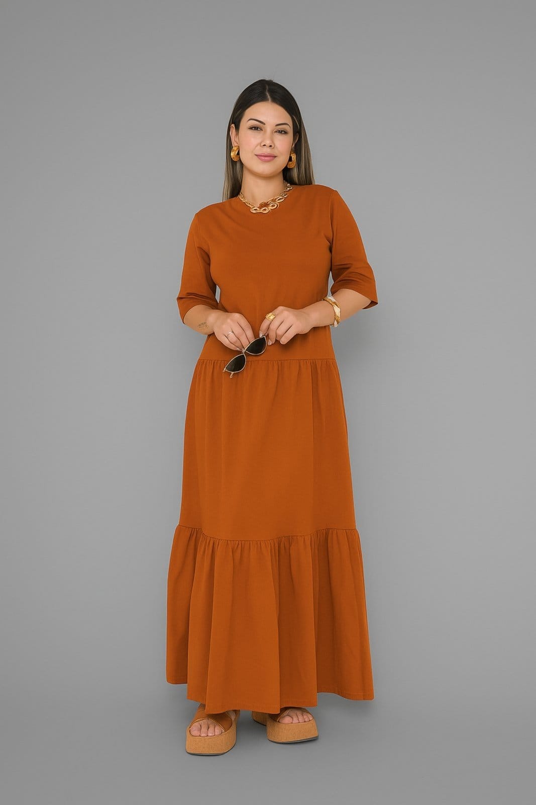 Vista principal Vestido Longo D Bell Outlet Fashion Manga Curta Terracota D BELL OUTLET FASHION marrom