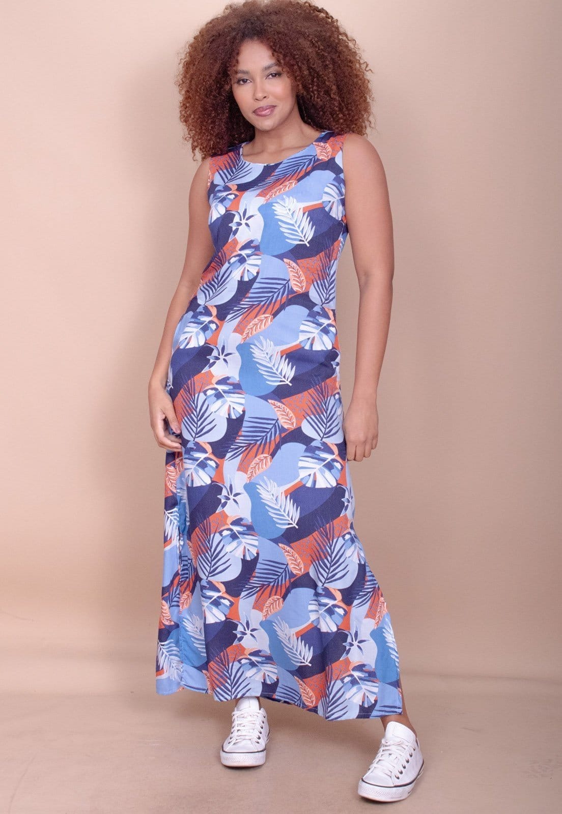 Vestido Longo Cabanafree Plano com Bolso Estampa Jardim Celeste