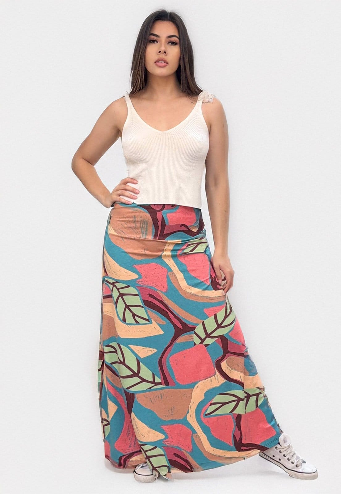 Vista principal Saia Longa Cabanafree Malha SAZ Estampa Folhagem Rose Cabanafree estampado/rosê rose