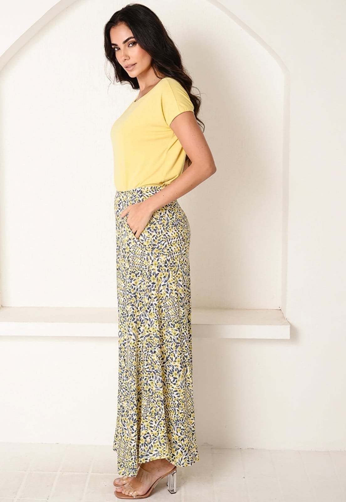 Vista 2 Saia Longa Assimétrica Com Bolsos B’Bonnie Úrsula B'Bonnie floral azul