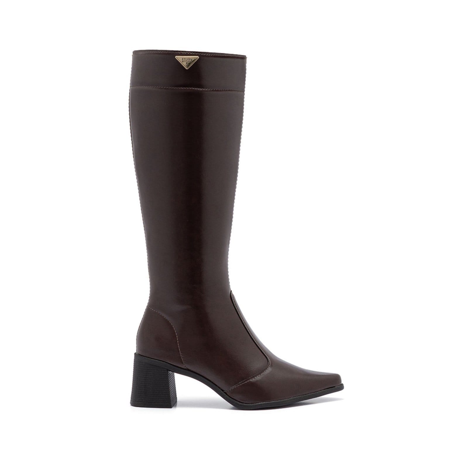 Bota Feminina Montaria Stessy Cano Alto Bico Fino Salto Confortável Lisa Elegante Moda Inverno Brownie