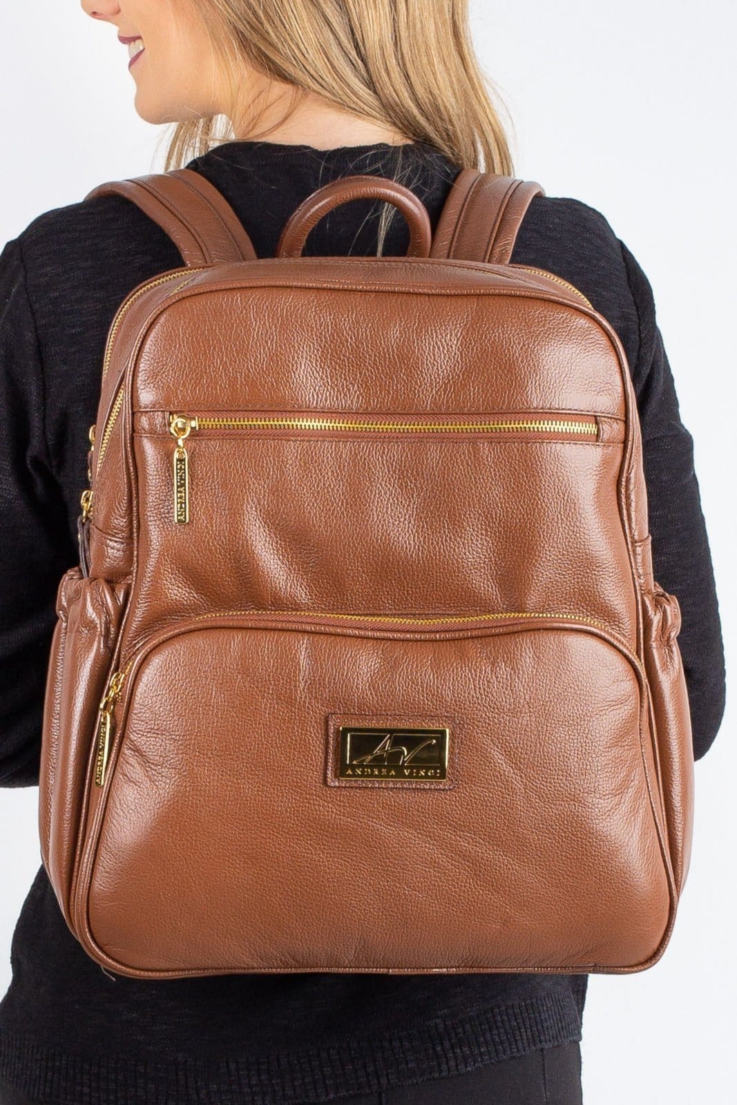 Vista principal Mochila grande de couro liso Zooey - Whisky Andrea Vinci verde militar