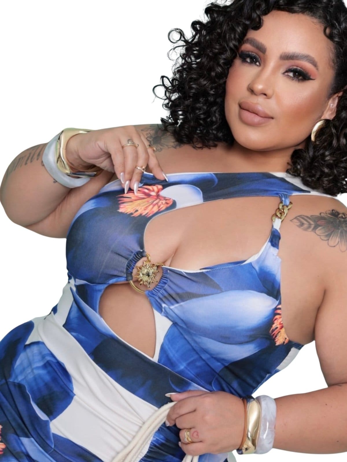 Vista 2 Vestido Summer Body Plus Midi Estampado Sexy Elegante e Argola Dourada Summer Body azul/estampado azul