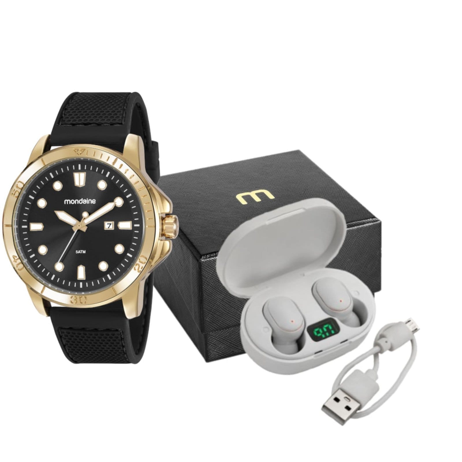 Kit Relógio Masculino Dourado Calendário Com Fone Bluetooth