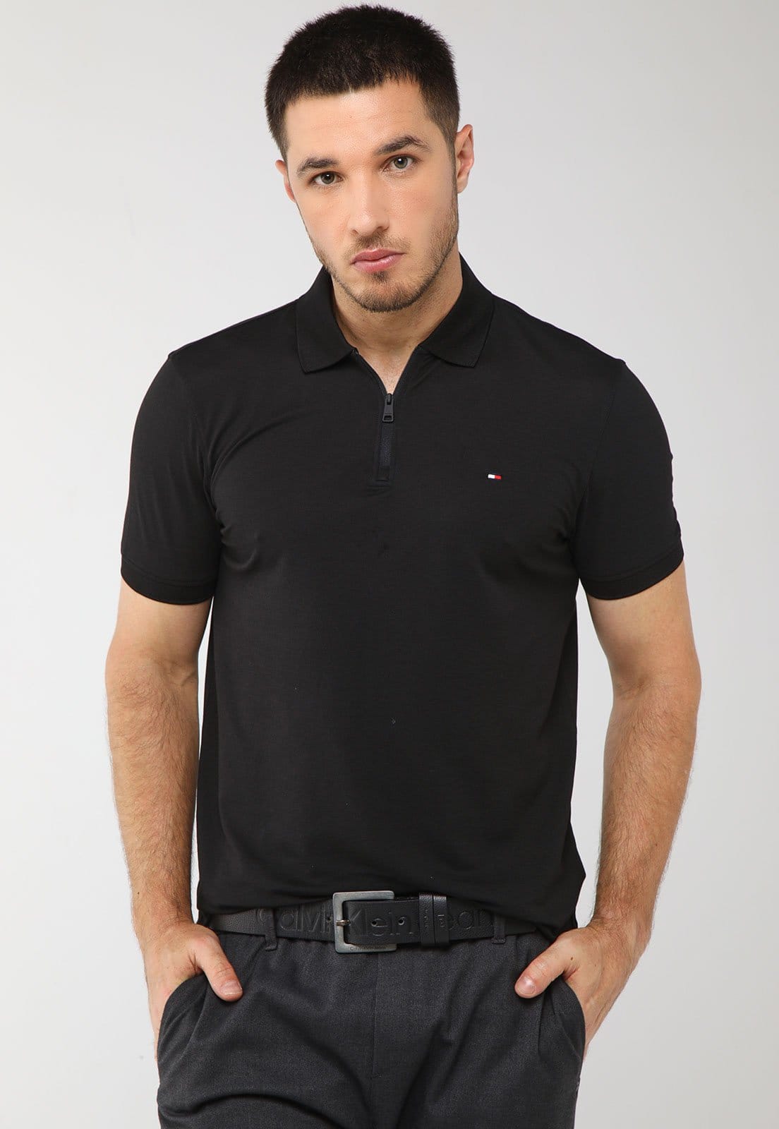 Vista principal Camisa Polo Masculina Tommy Hilfiger Performance Piquet Preta Tommy Hilfiger preto