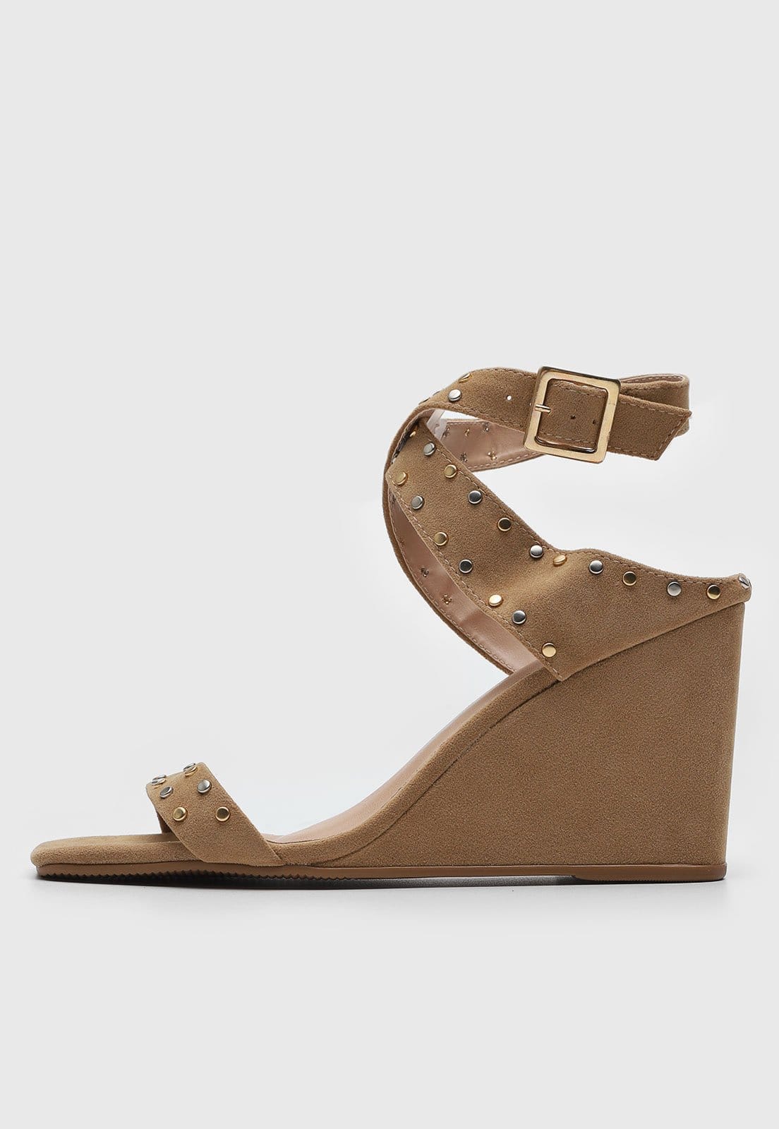 Sandália Feminina Lança Perfume Tachas Salto Anabela Caramelo