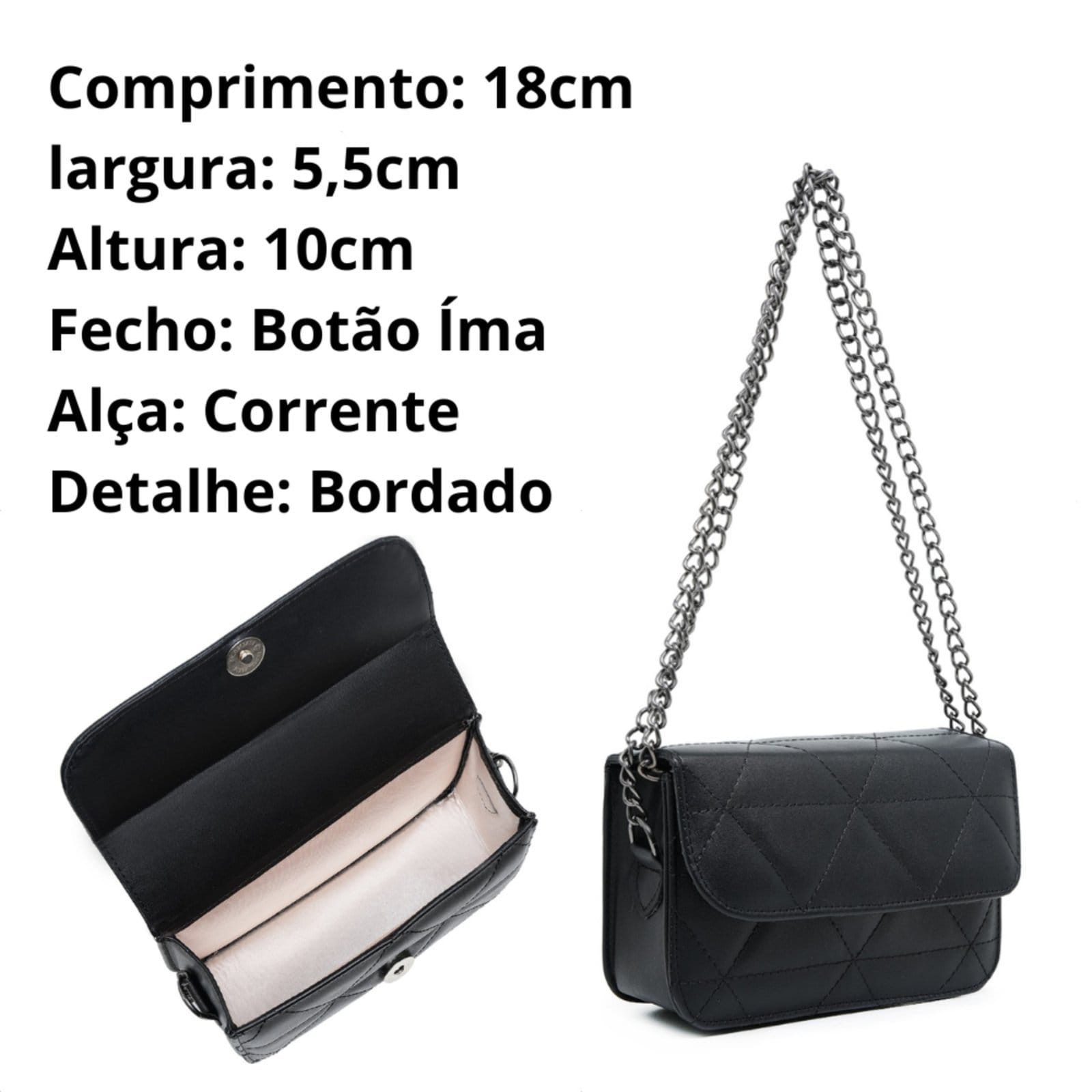 Bolsa Preta Pequena Feminina Quadrada Bordada Clutch Carteira De Mão Festa Alça Corrente De Ombro Elegante - 2