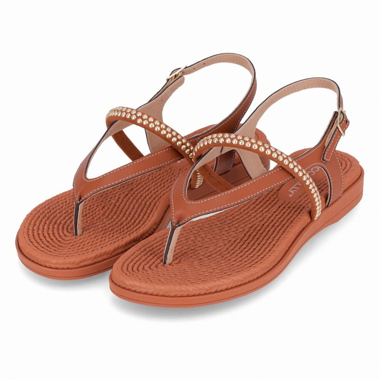 Vista 2 Sandália Rasteirinha Adla Ocre com Ouro Piccadilly bege ocre