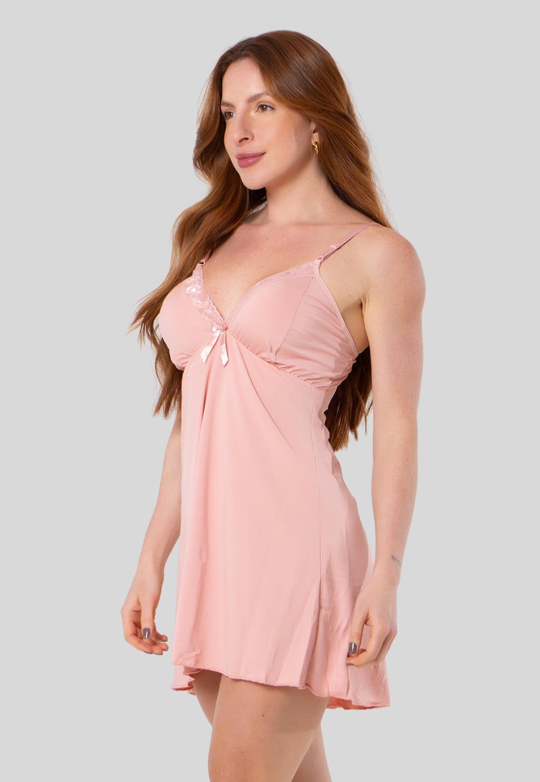 Vista 2 Camisola Luxo Detalhe em Renda Rendinha Confortável Lisa Costas Cavada Diluxo rosa