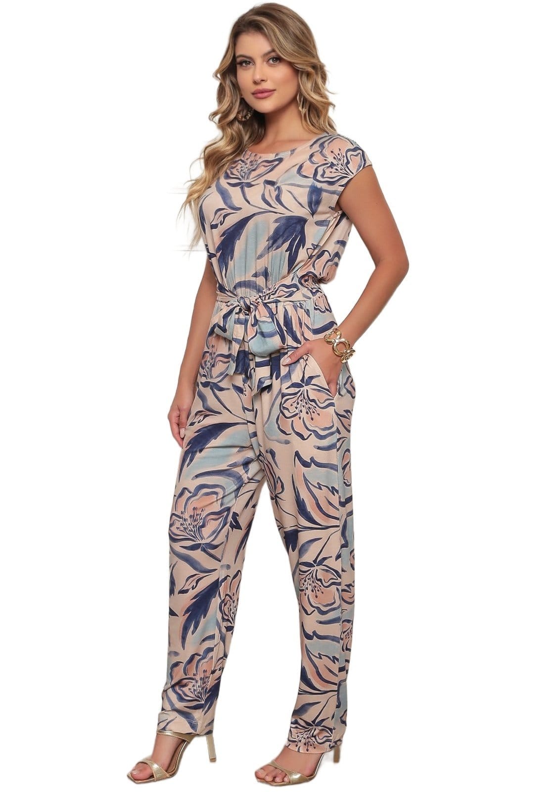 Vista 2 Macacão Fresh Dellamarca Viscolycra Estampada Confortável Dellamarca azul/floral