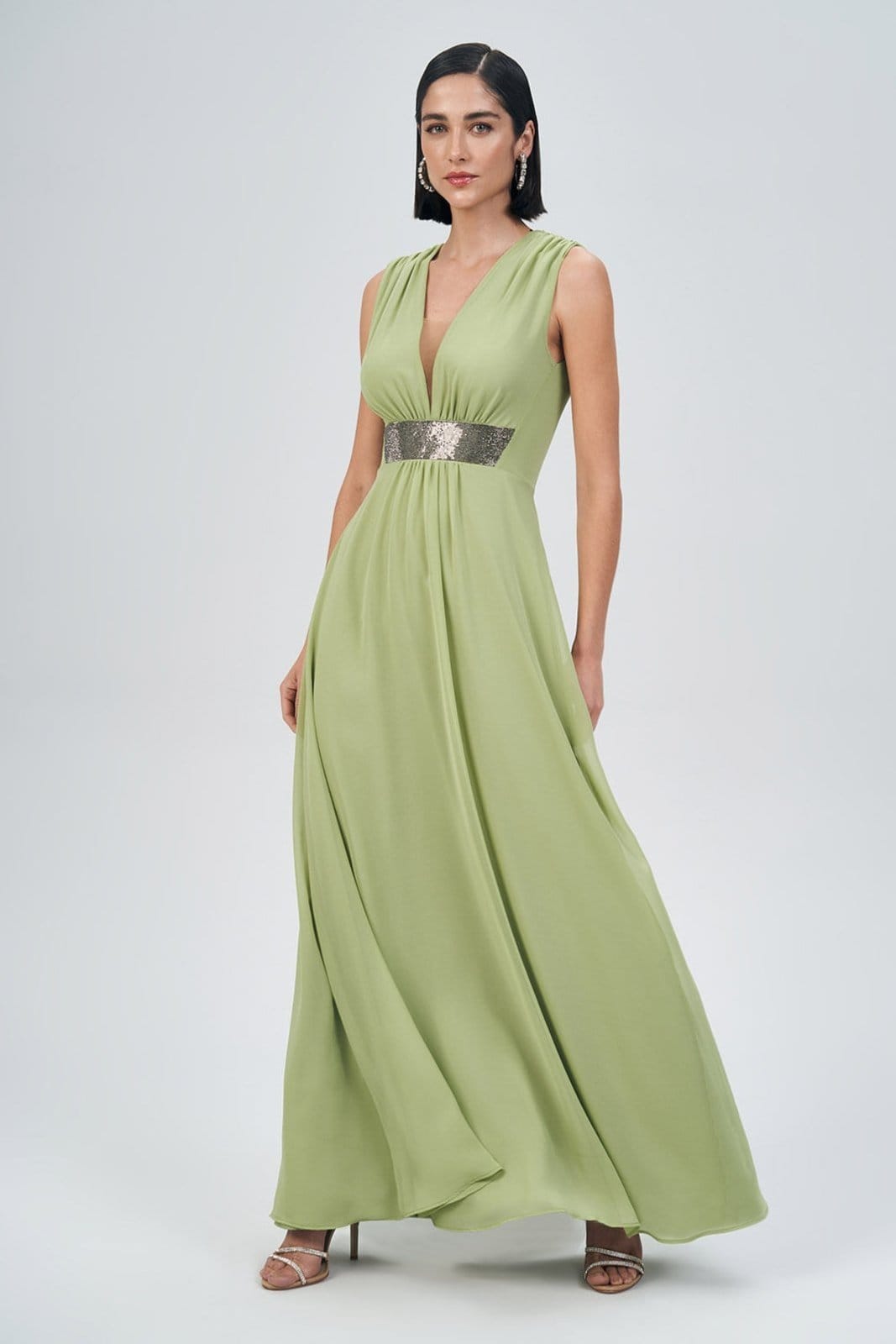 Vista principal Vestido Longo Com Detalhe Metálico Feminino Acostamento ACT FEMININO verde oliva