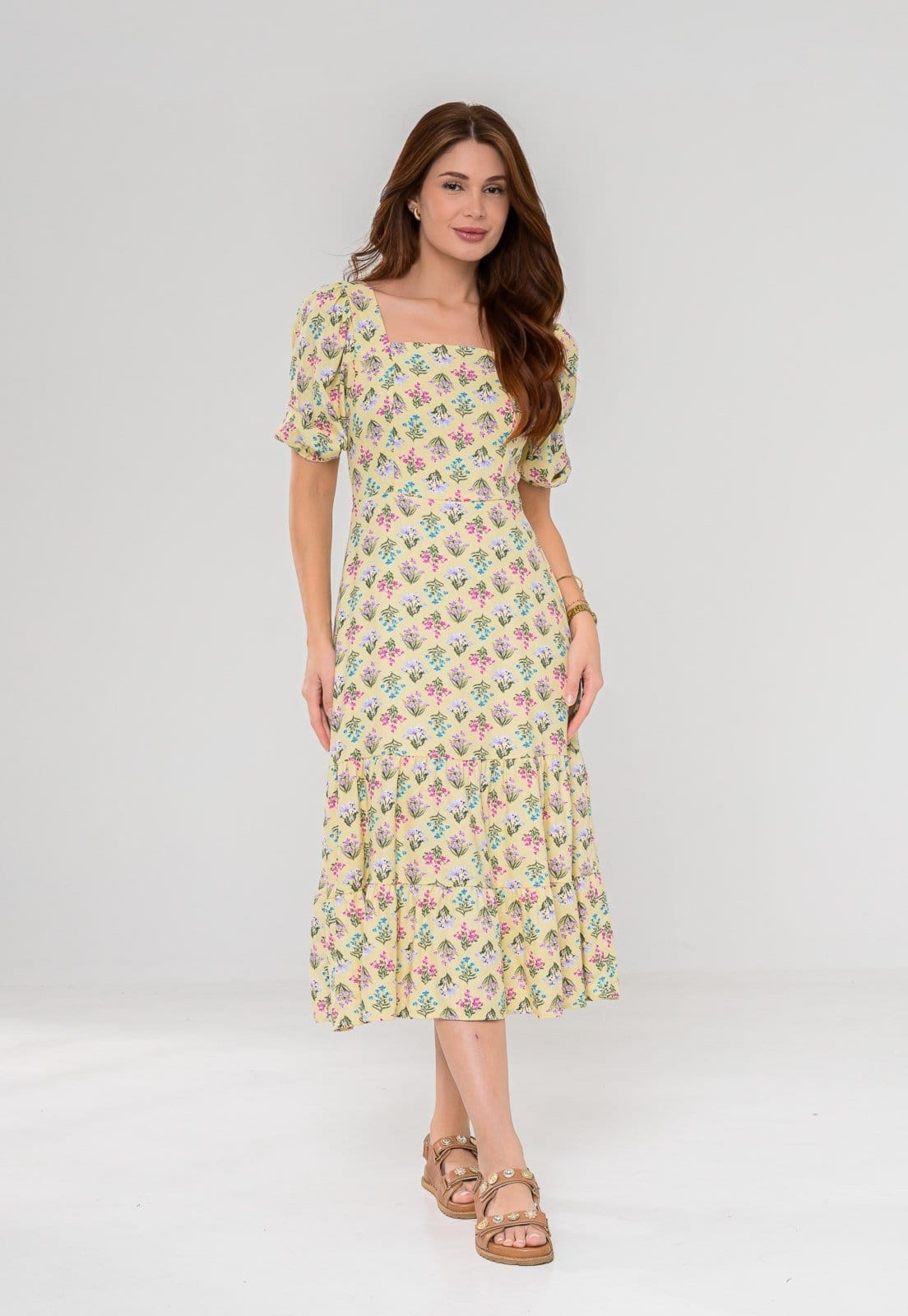 Vista principal Vestido Aura Pietra Linho Floral Luzente Aura amarelo