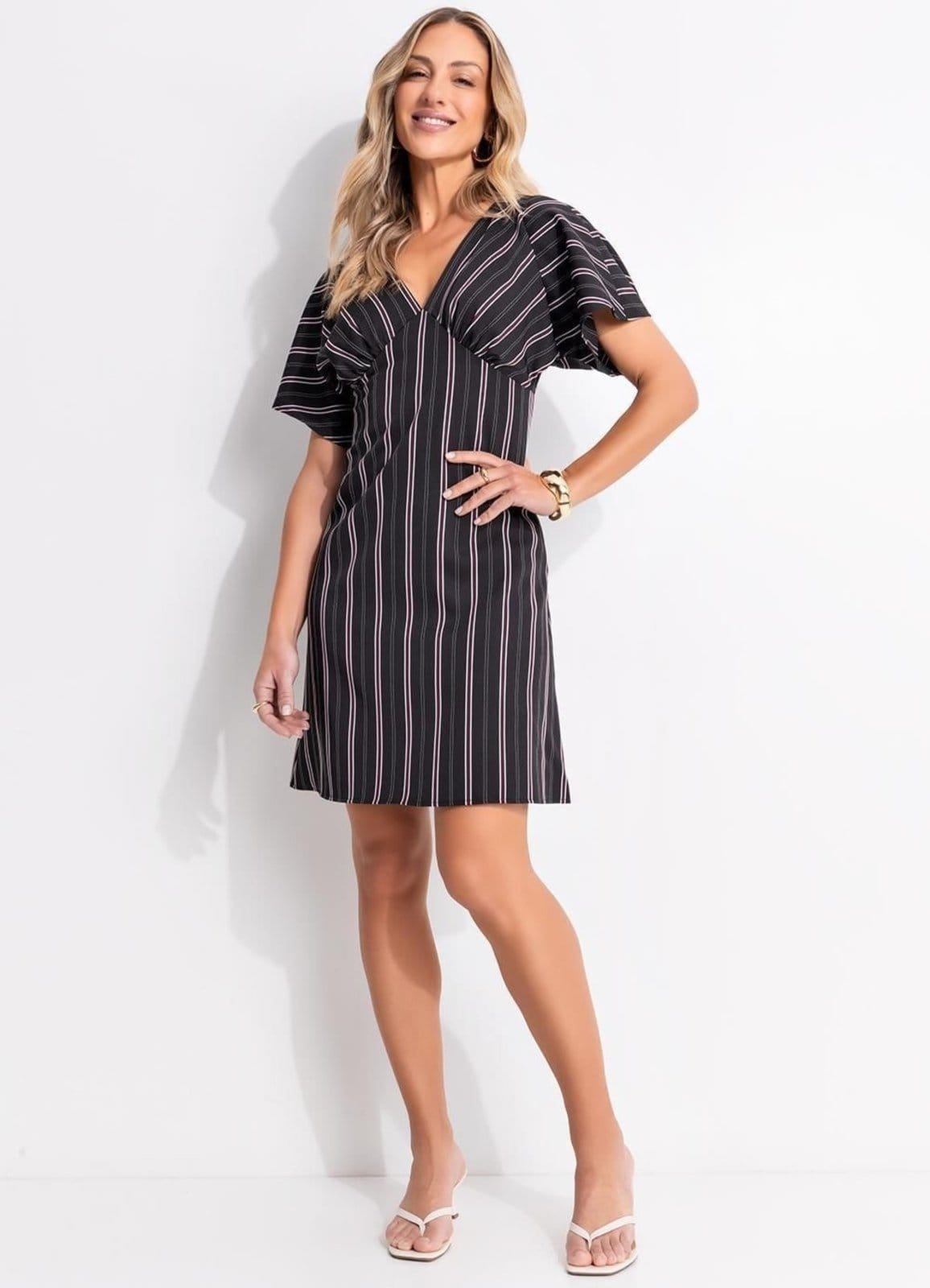 Vestido Em Poliéster Com Elastano Listrado Preto