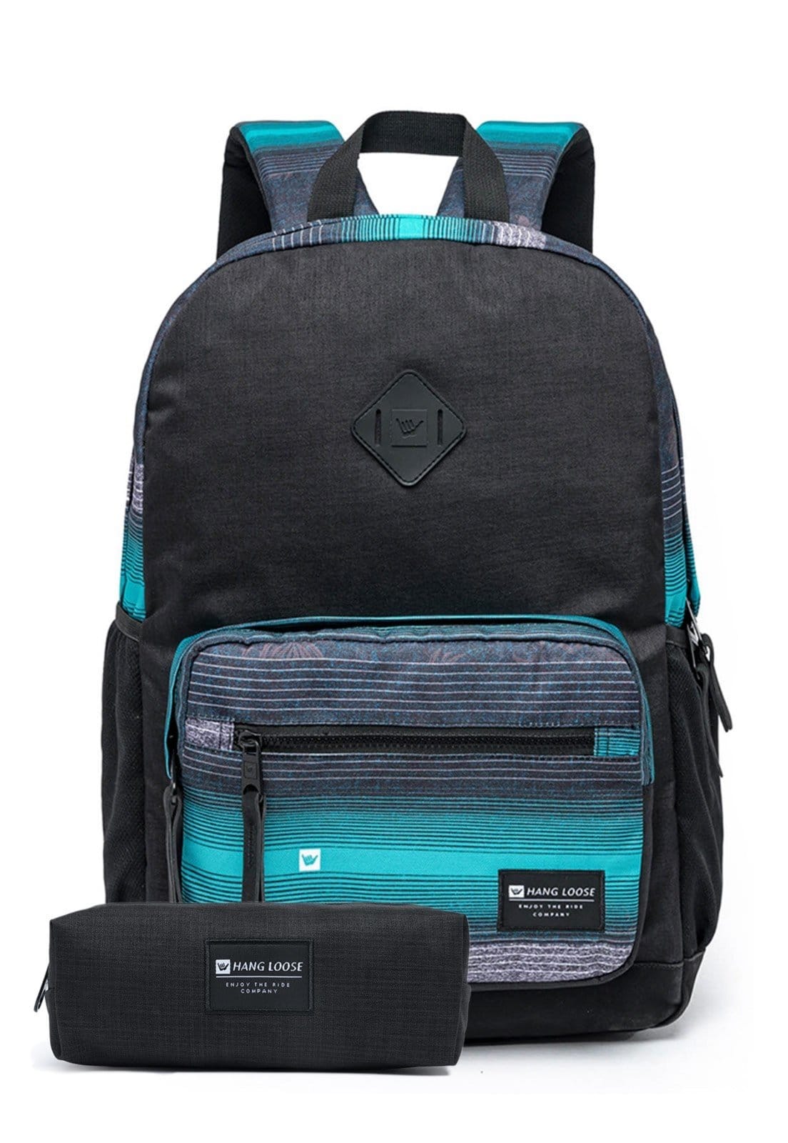 Vista principal Kit Mochila Masculina+Estojo Espaçosa e Reforçada Escolar Hang Loose preto