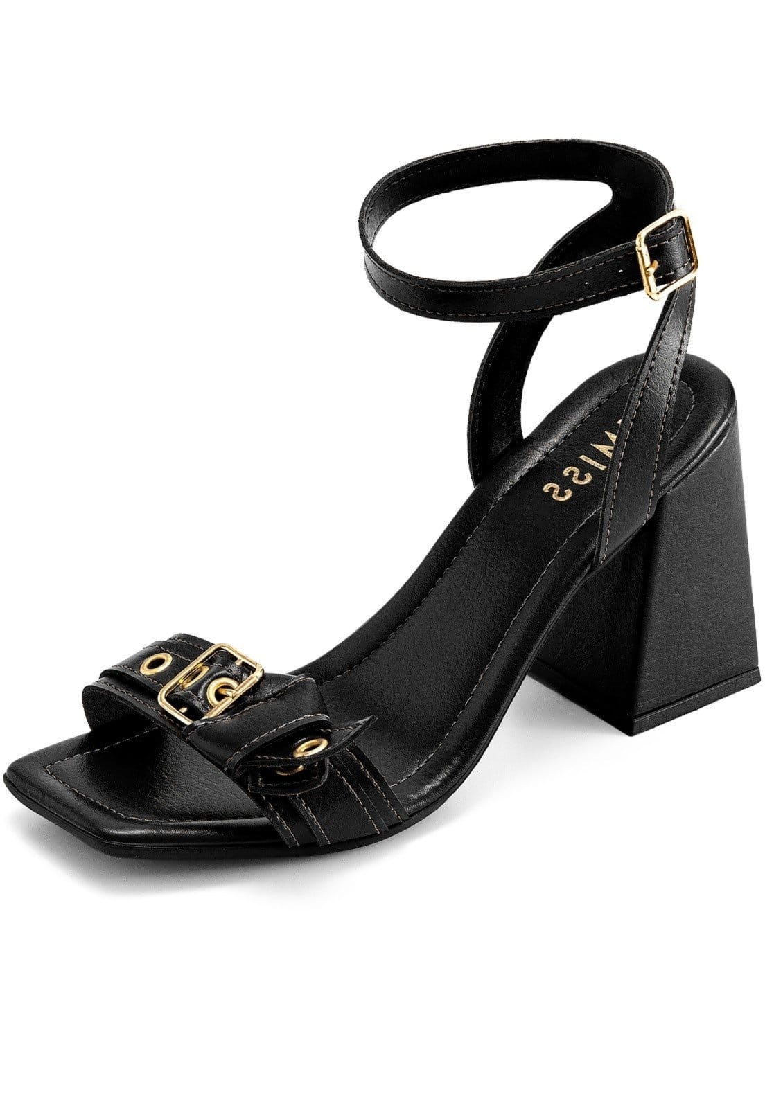 Sandália Feminina Lumiss Salto Alto Bloco Bico Quadrado Fivela Ilhós Metal