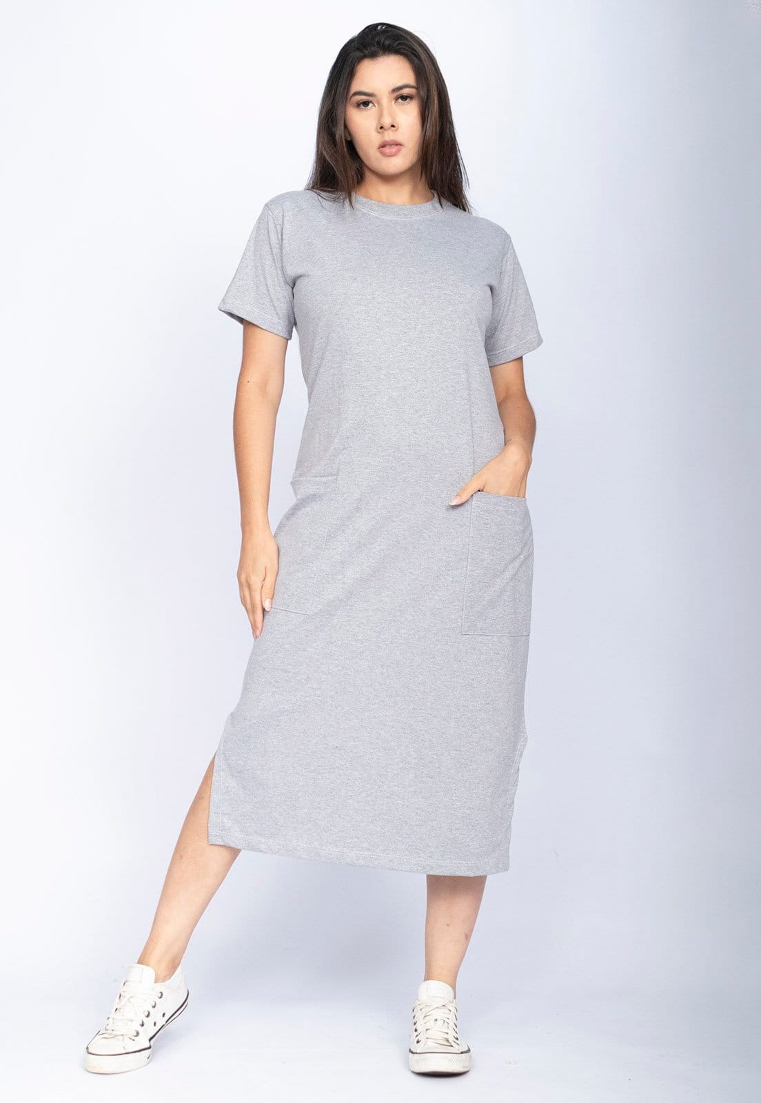 Vista principal Vestido Cabanafree Midi Easy Algodão Manga Curta Mescla Cabanafree cinza