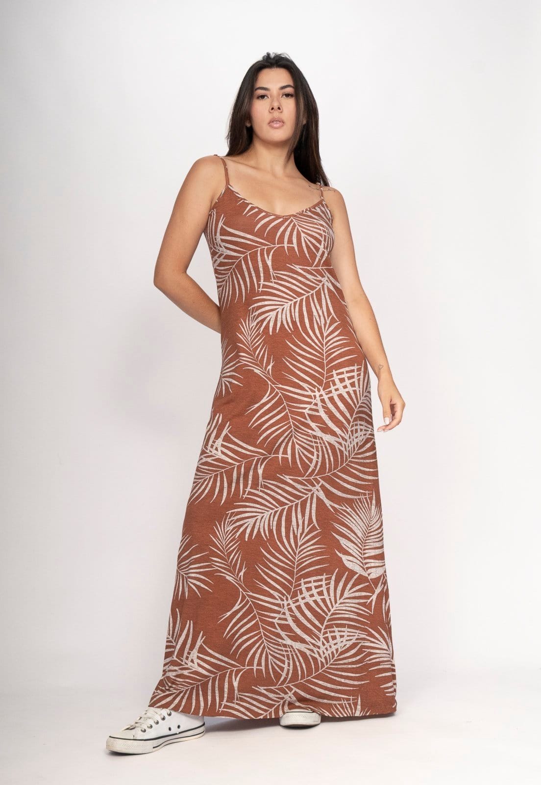 Vista 2 Vestido CabanaFree Guaíra Longo Malha Alça Fina Palmas da Terra Cabanafree estampado