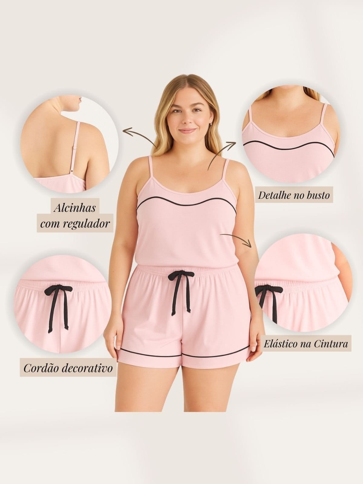 Vista 2 Pijama Algodão Piante Feminino Verão Alcinha Sara Claro Piante rosa