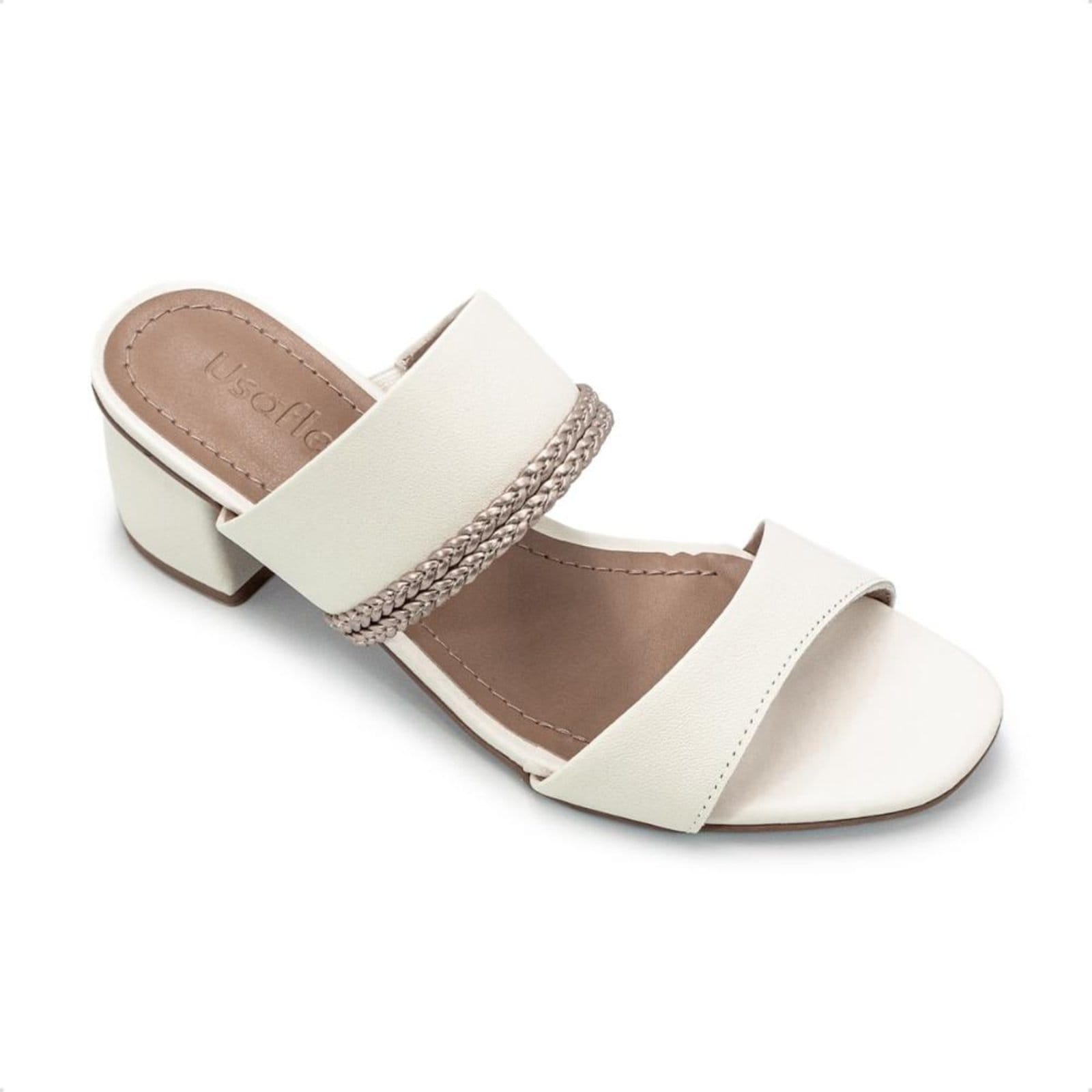Vista 2 Tamanco Usaflex Feminino Couro Salto Bloco Tira Trançada Casual AM32003 Off-white Usaflex off-white white