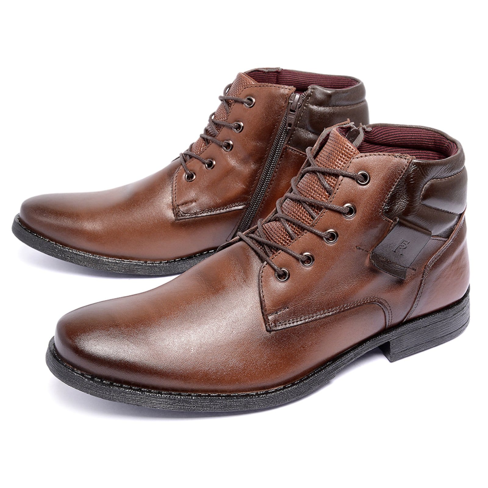 Vista 2 Bota Botina Coturno Ferrile em Couro Bico Redondo Zíper Café e Ferrile marrom