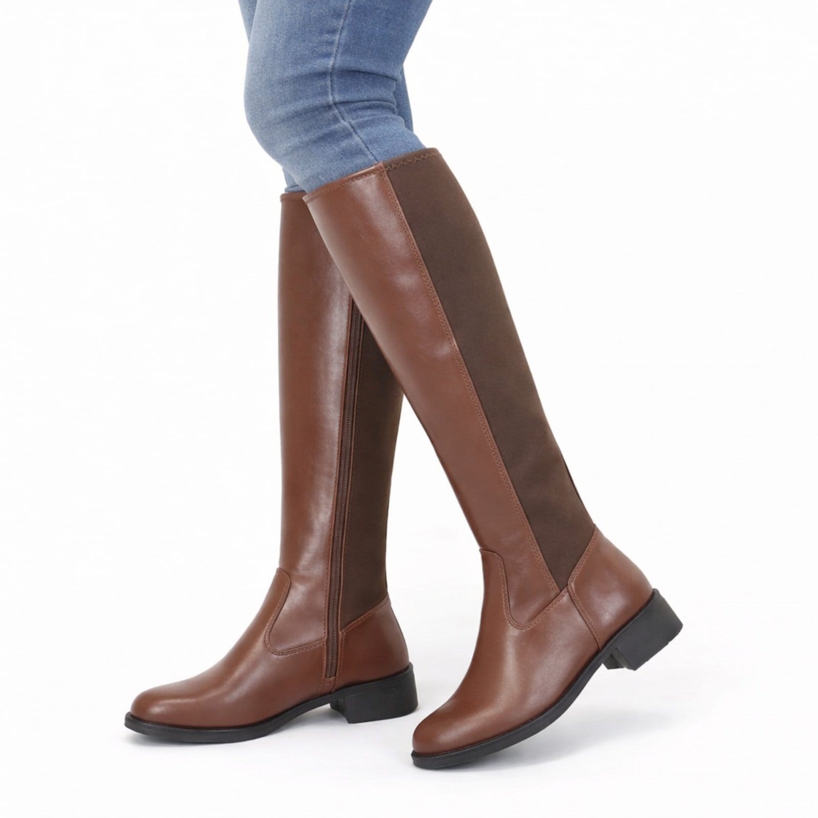 Vista 2 Bota Feminina Cano Longo Alto com ELastico Casual Confortavel Capuccino Bia Ramos marrom